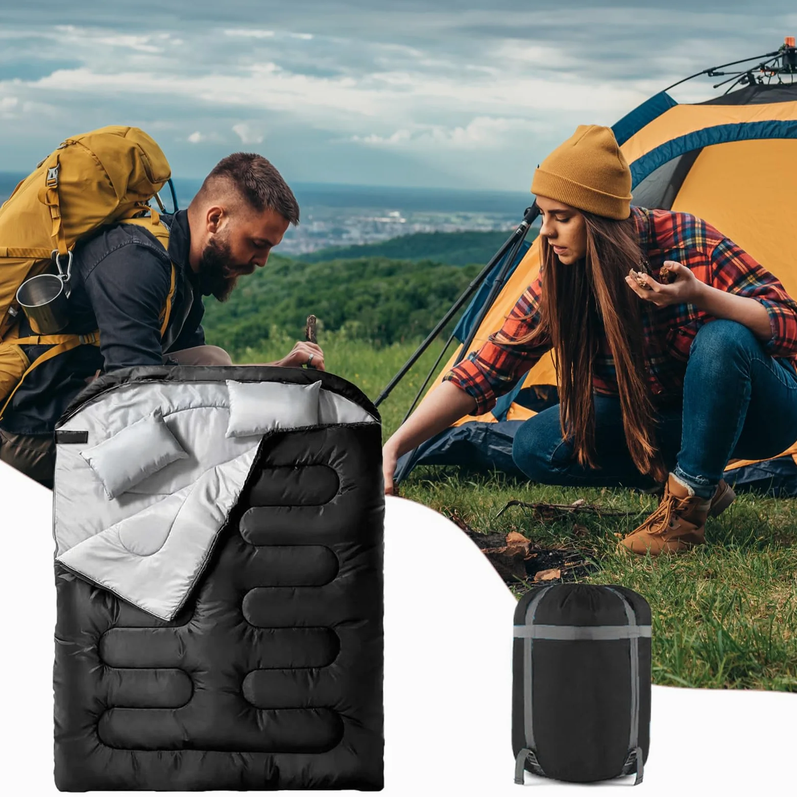 Saco De para 2 Personas Adultos,Saco 2 Plazas Todo Tiempo para Senderismo | Manta para Camping Verano Invierno Deporte Aire Libre Viaje Hombre Mujer