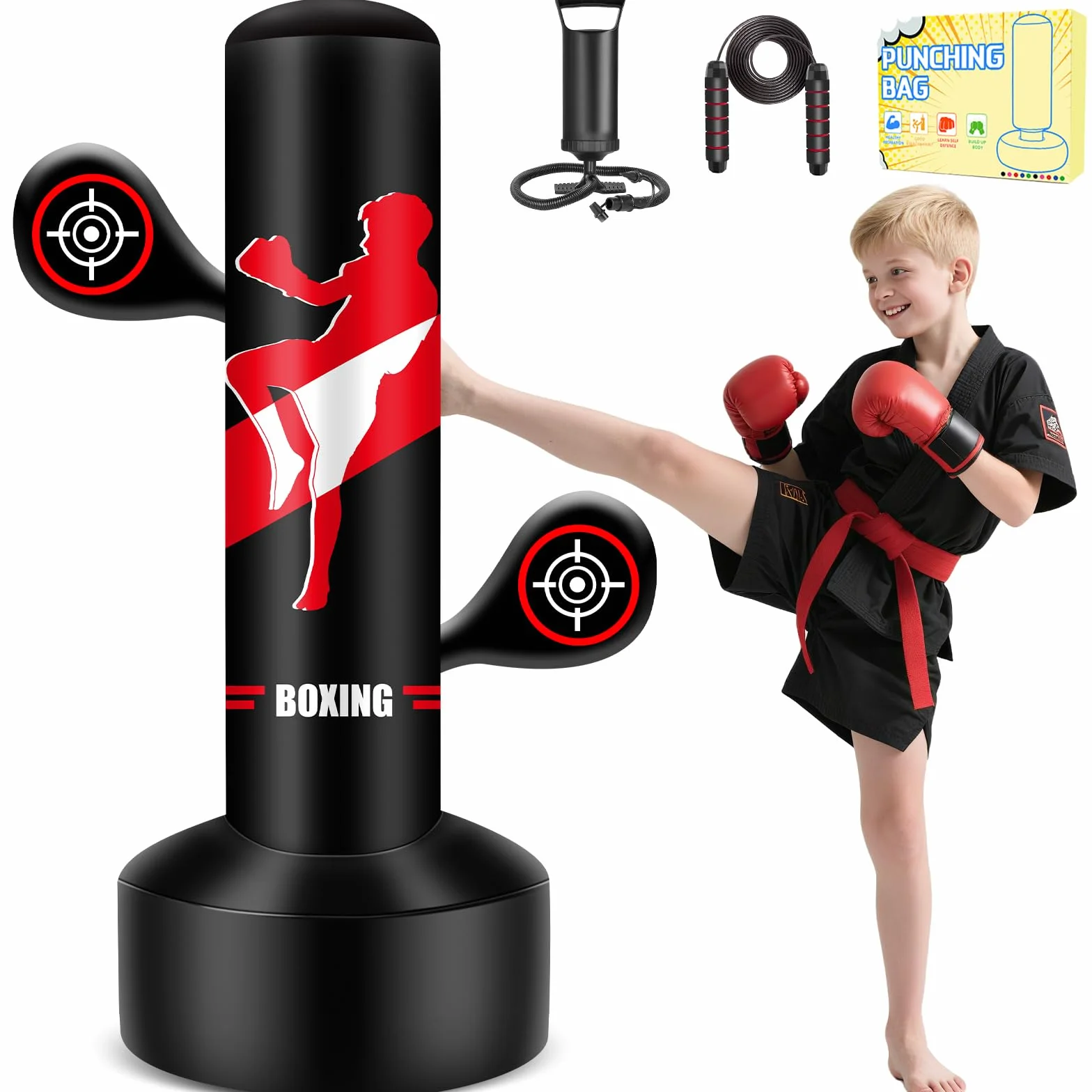 Saco Boxeo niños, Set de Boxeo con Bomba y Cuerda para Saltar Saco de Boxeo Hinchable Grande de 165cm, Regalos para niños y niñas de 3 a 12 años para Practicar kárate, Taekwondo