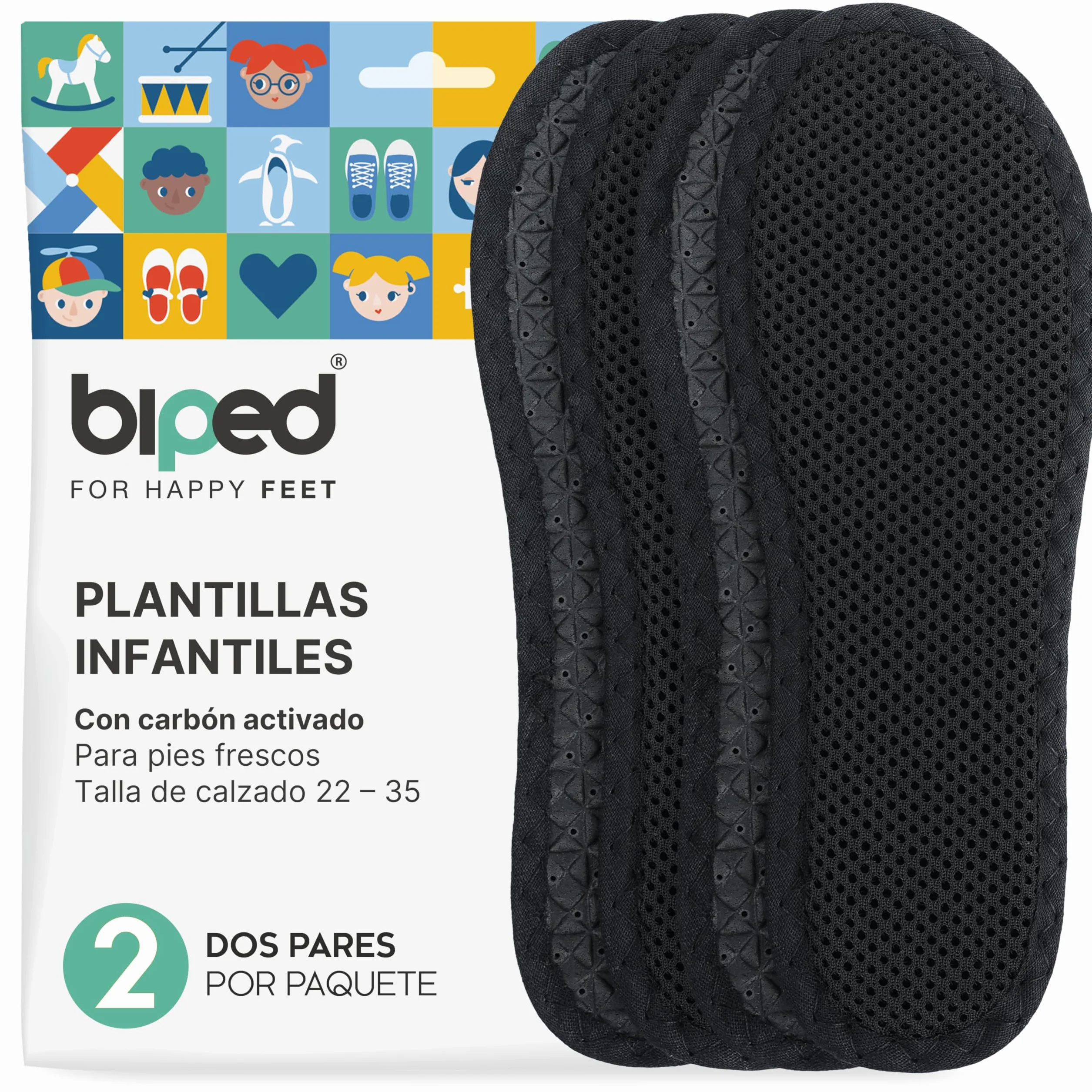 biped 2 pares plantillas infantiles carbón activo Frescura higiénica zapatillas botas goma calzado lavables mal olor