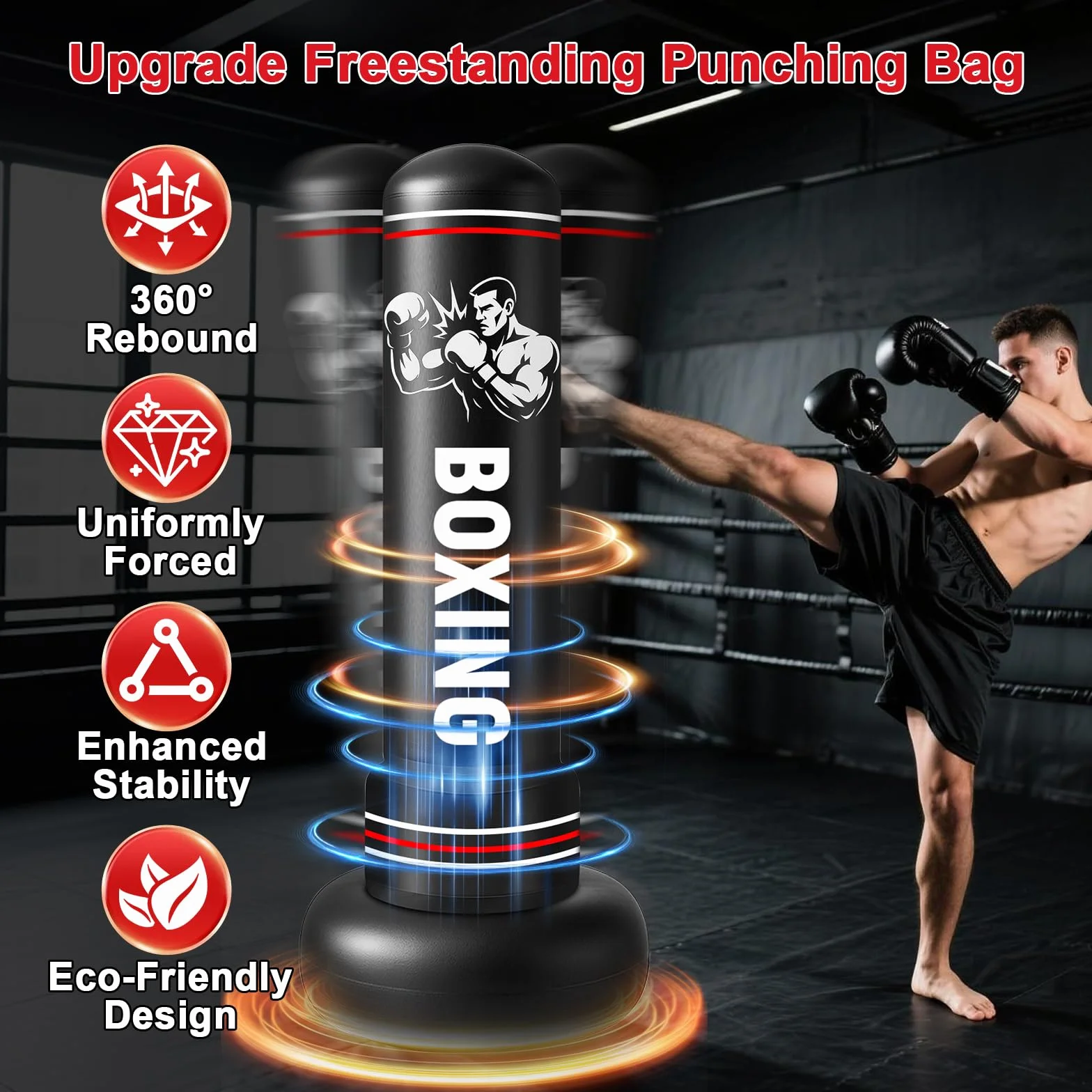 Qoosea Saco de Boxeo Adulto, 190cm Bolsa de Boxeo Inflable de Pie con Guantes, Mujeres Hombres Stand Kickboxing Bolsas, Punching Ball Estable para Karate MMA Taekwondo Thai Fitness