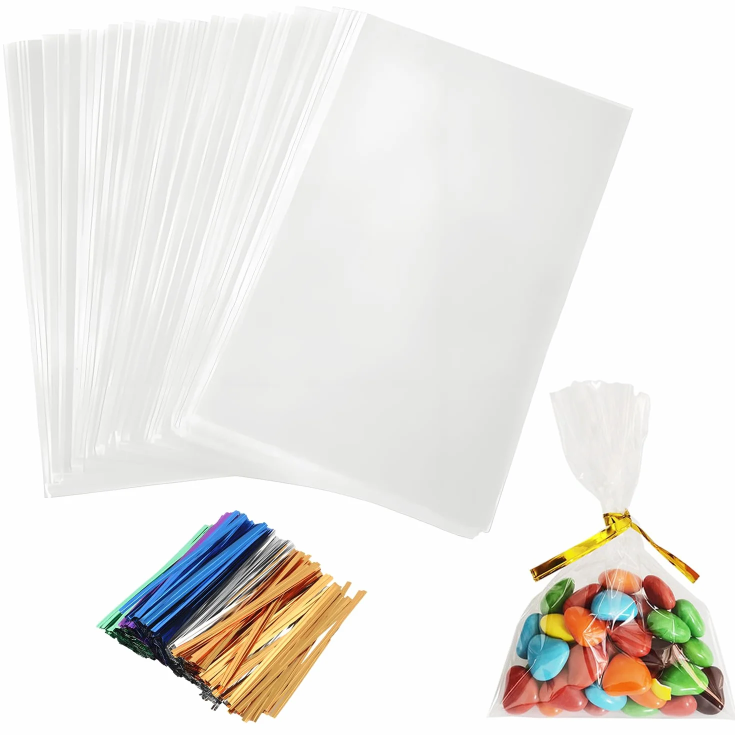 Bolsas De Celofán 10 x 16 cm Transparentes para Regalos con Cintas Metálicas 100 Piezas