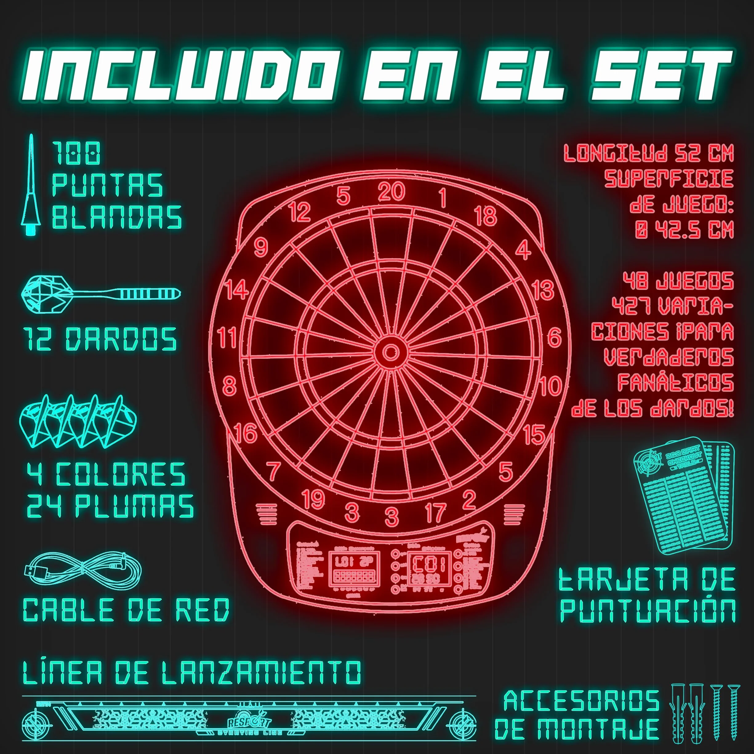 RE:SPORT Diana electrónica profesional 12 dardos 24 plumas Pro 100 puntas máquina de dardos electrónica 1-8 jugadores 427 variantes
