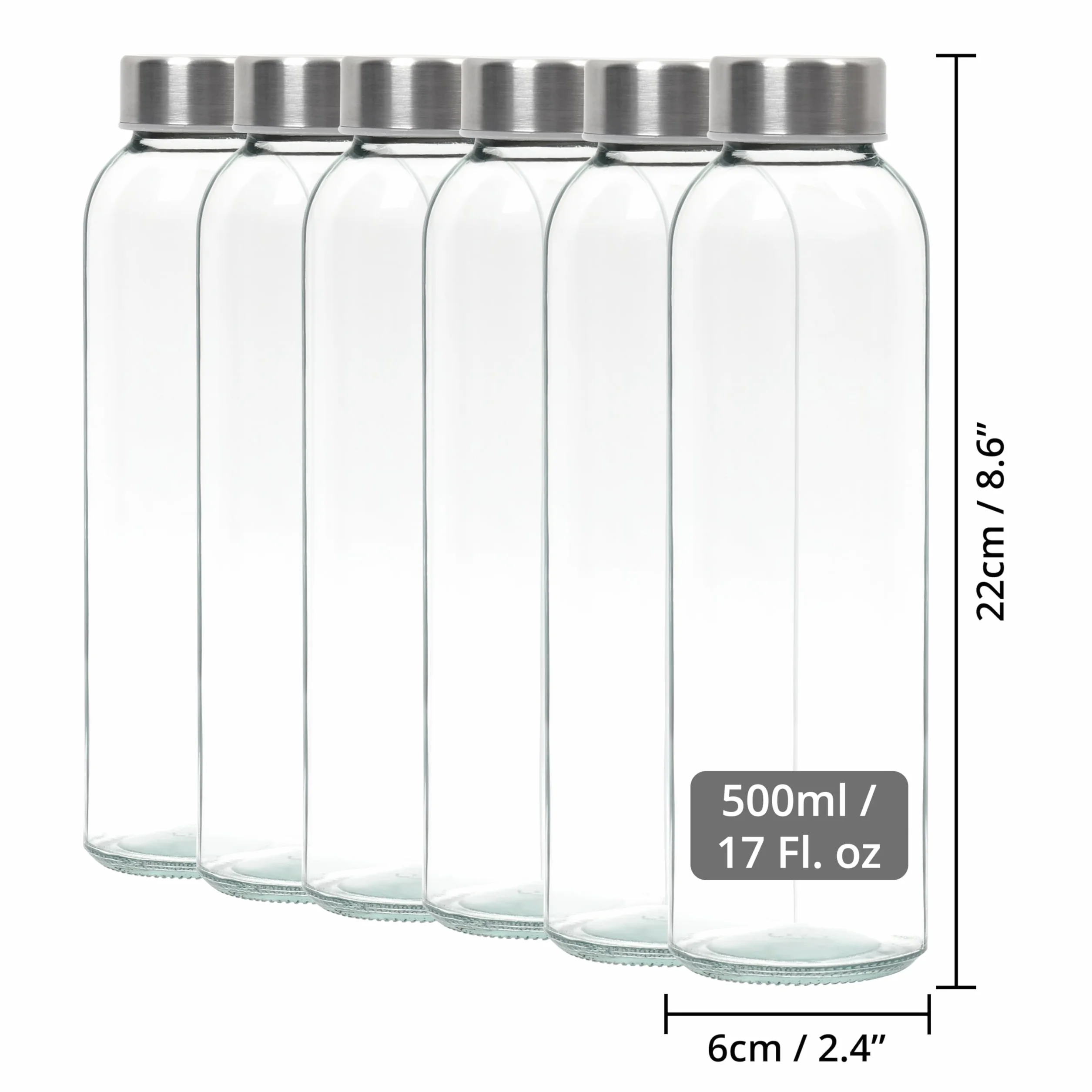 Winter Shore Botellas Cristal Reutilizable de 500 ml [Pack de 6] - Botella Vidrio Transparente para Bebidas Frías y Calientes, Zumos, Batidos, Smoothie - Prueba de Fugas con Tapas de Acero Inoxidable