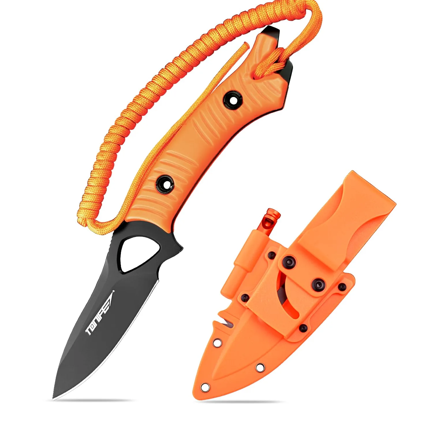 TONIFE Explorer Cuchillo de Hoja Fija con Funda 8Cr14MoV Blade Cuchillo Multifuncional de Supervivencia,Fibra de Vidrio Reforzada con Mango de Nylon para EDC Cuchillo(Naranja+Negro Titanio) (HKT4021)