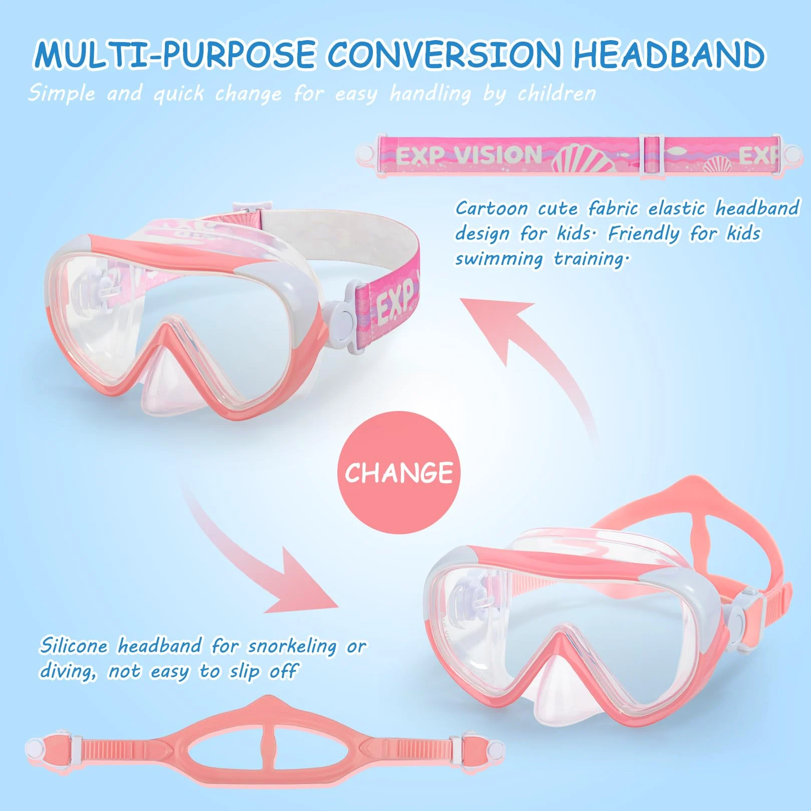 Máscara de natación para niños, gafas de natación de 180°, antivaho, a prueba de fugas, con cubierta para la nariz y correa de tela para niños de 4 a 14 años, para natación, esnórquel y buceo