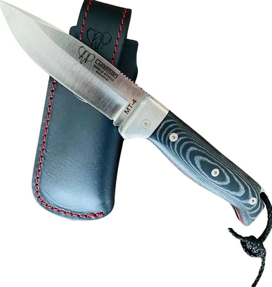 Cudeman Navaja 384-M MT-4 hoja de acero Böhler N-695 de 10 cm y empuñadura de micarta negra con separador rojo de 11,5 cm para caza, pesca, supervivencia y bushcraft + Portabotellas regalo