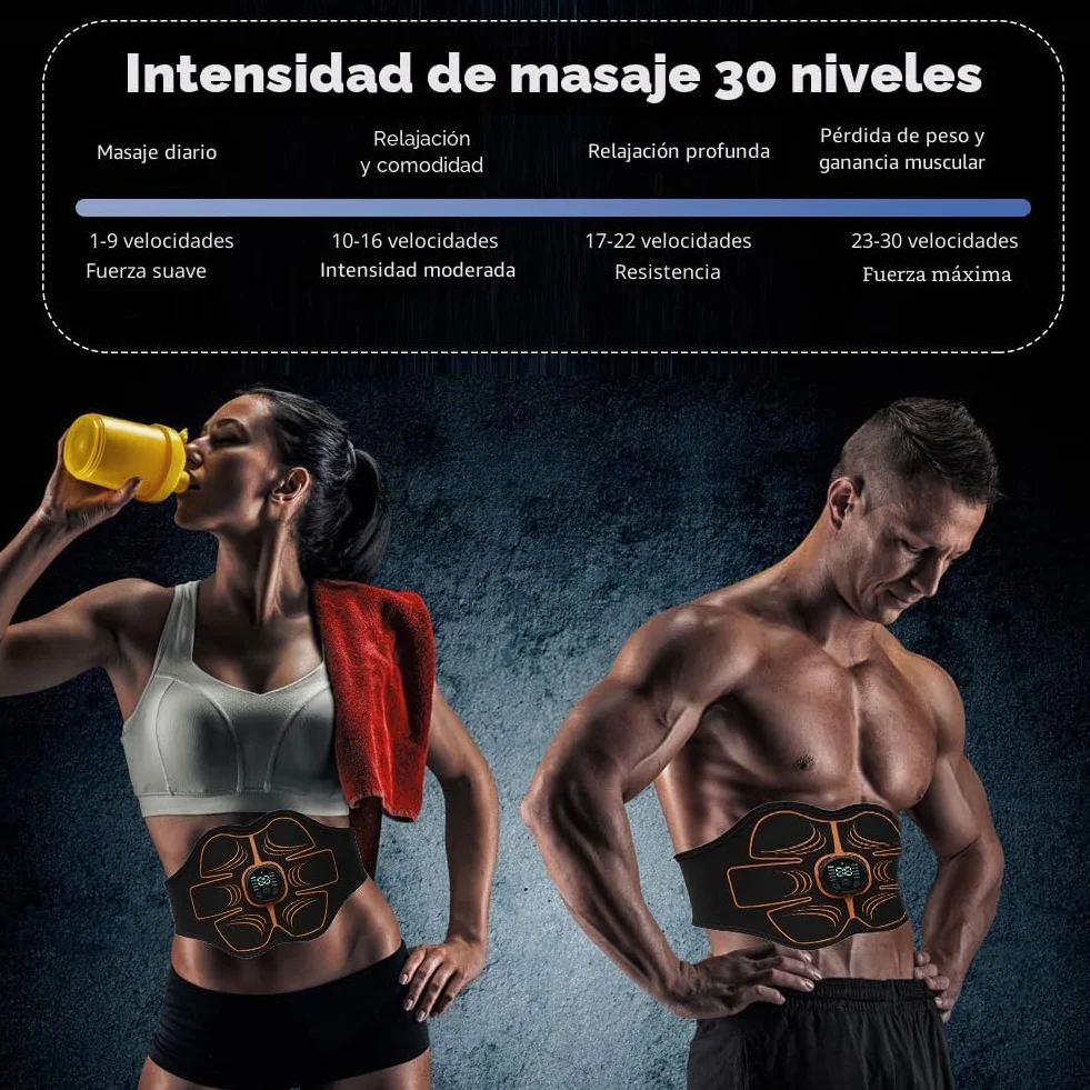 EMS - Aparato de entrenamiento eléctrico para abdominales, para estimulación muscular, 10 modos y 30 intensidades, recargable por USB, cinturón abdominal para hombres y mujeres