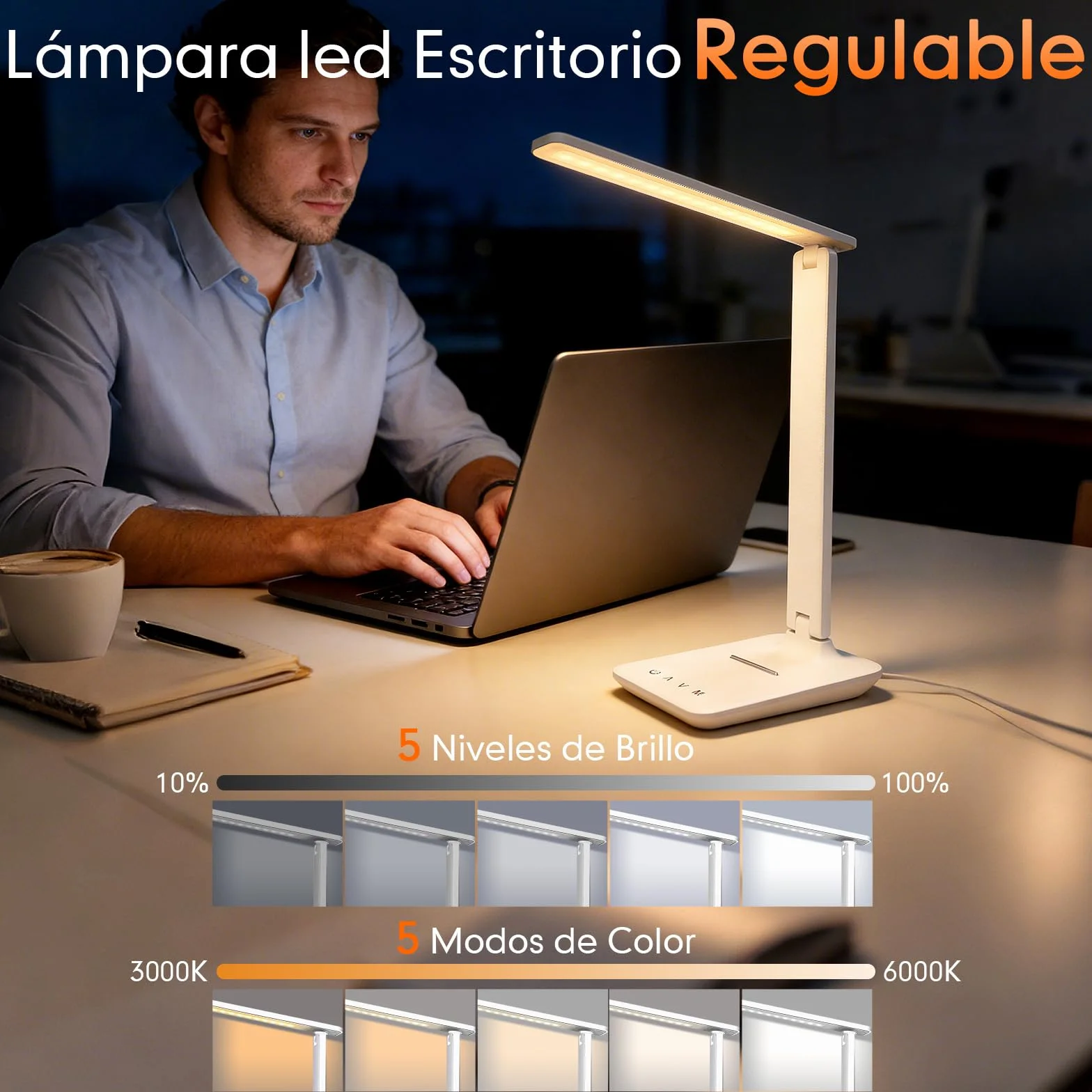 Karidi Lámpara de Escritorio LED Recargable 4000mAh 45 LEDs Protección Ocular 5 Modos Color 5 Niveles Brillo Control Táctil USB-C Plegable