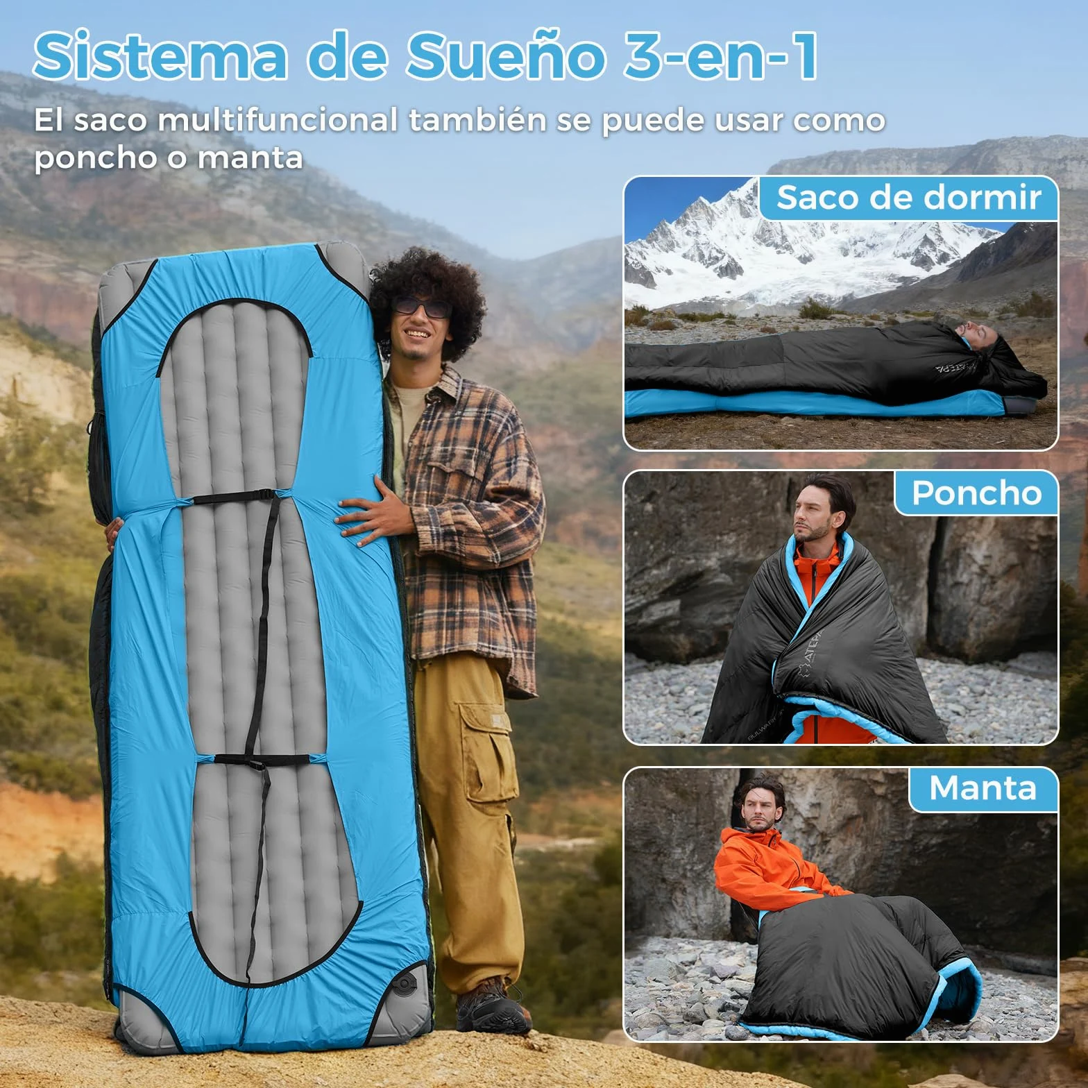 ATEPA Sacos de dormir de plumón, saco de dormir exterior para calor e impermeable, 3 en 1 adecuados para 3 estaciones, ideal para adultos en viajes, camping, se puede combinar con una colchoneta
