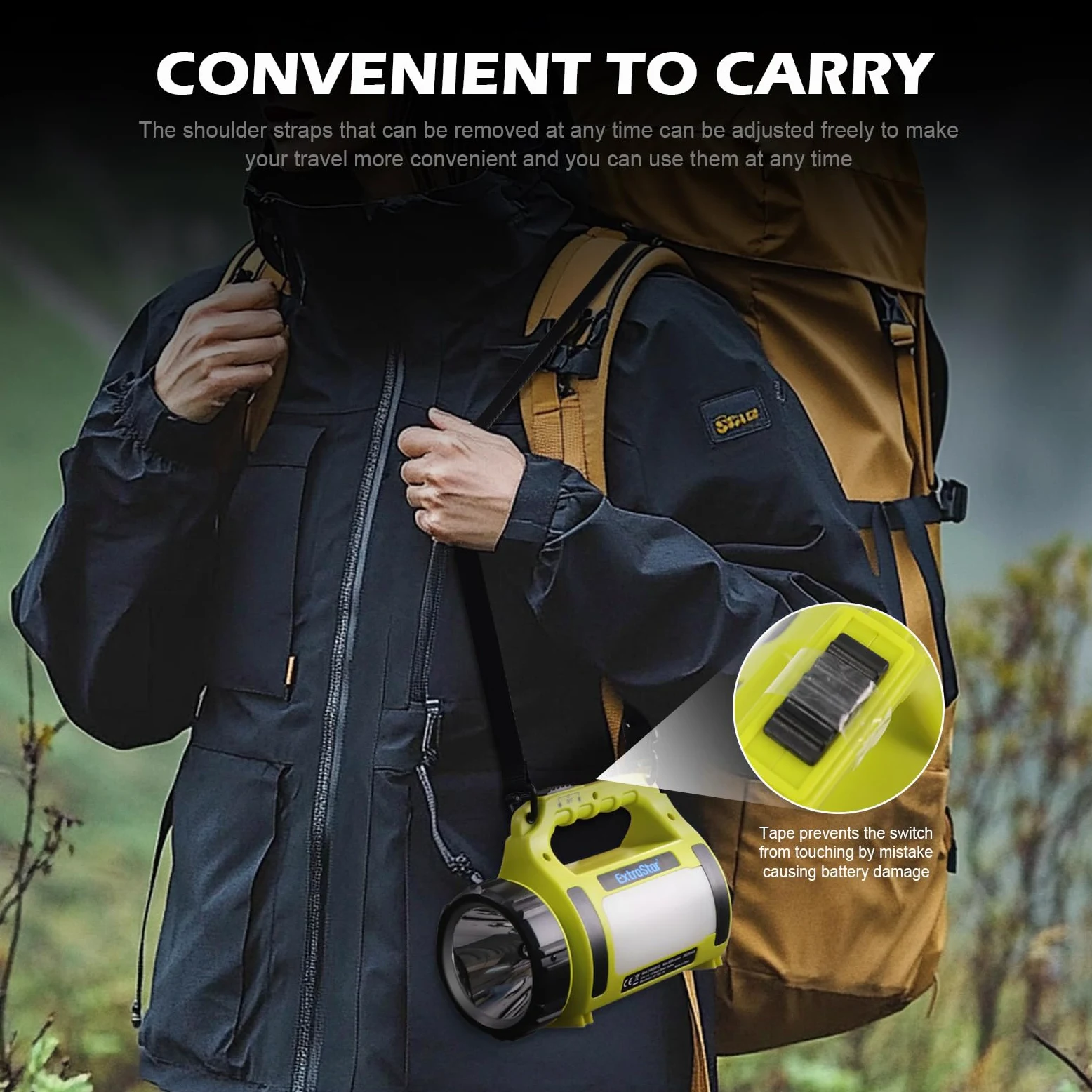 ExtraStar Foco de camping recargable, linterna LED con correa de hombro ajustable, múltiples modos de iluminación (frontal/lateral/intermitente), batería de larga duración, carga USB-C para aventuras