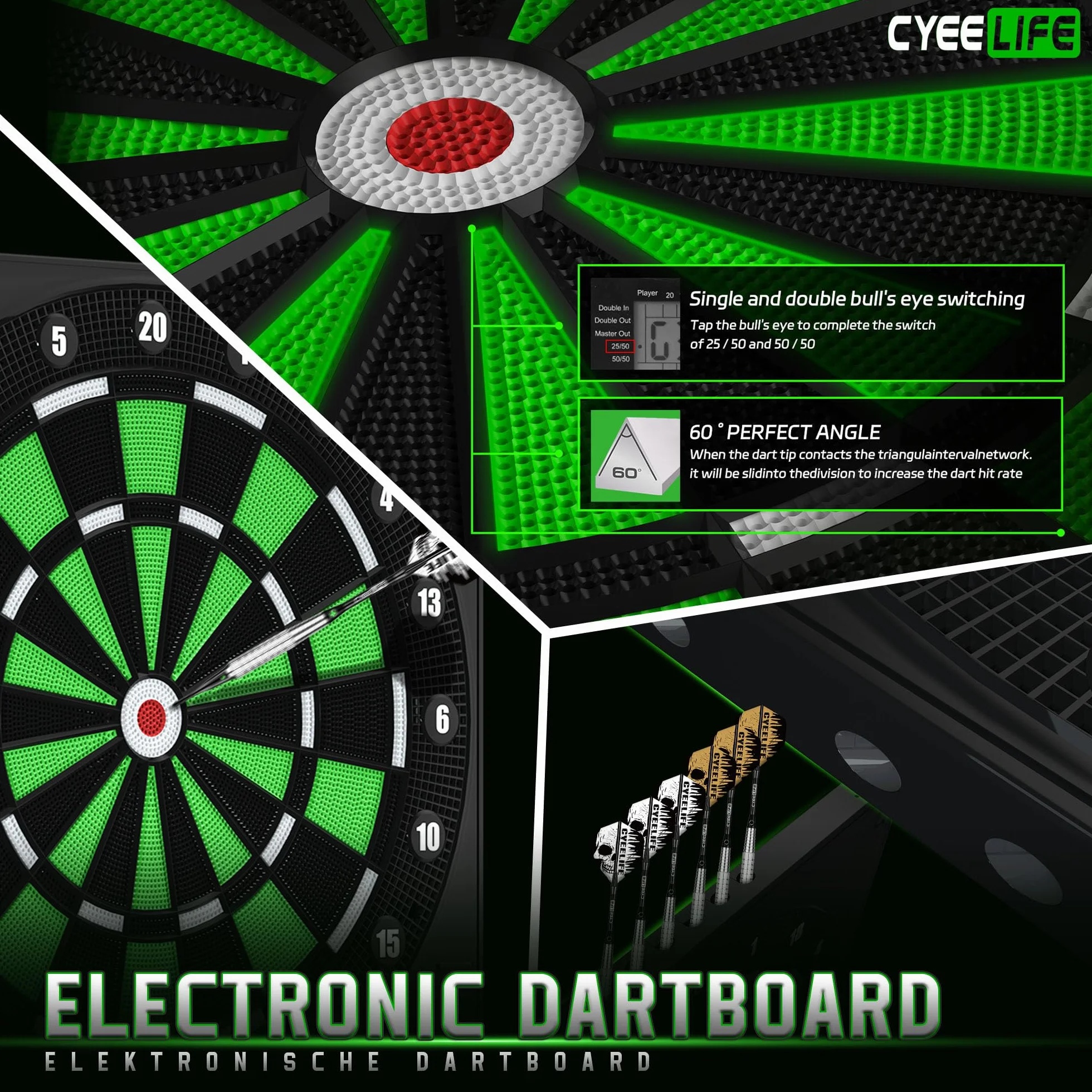 CyeeLife Dianas electrónicas, Dartboard de Profesional Set con 12 Flechas de Dardos 1 Dart Oche Line + 24 Vuelos Pro 50 Puntas de Flechas + Accesorios Dardo para 1 a 8 Jugadores