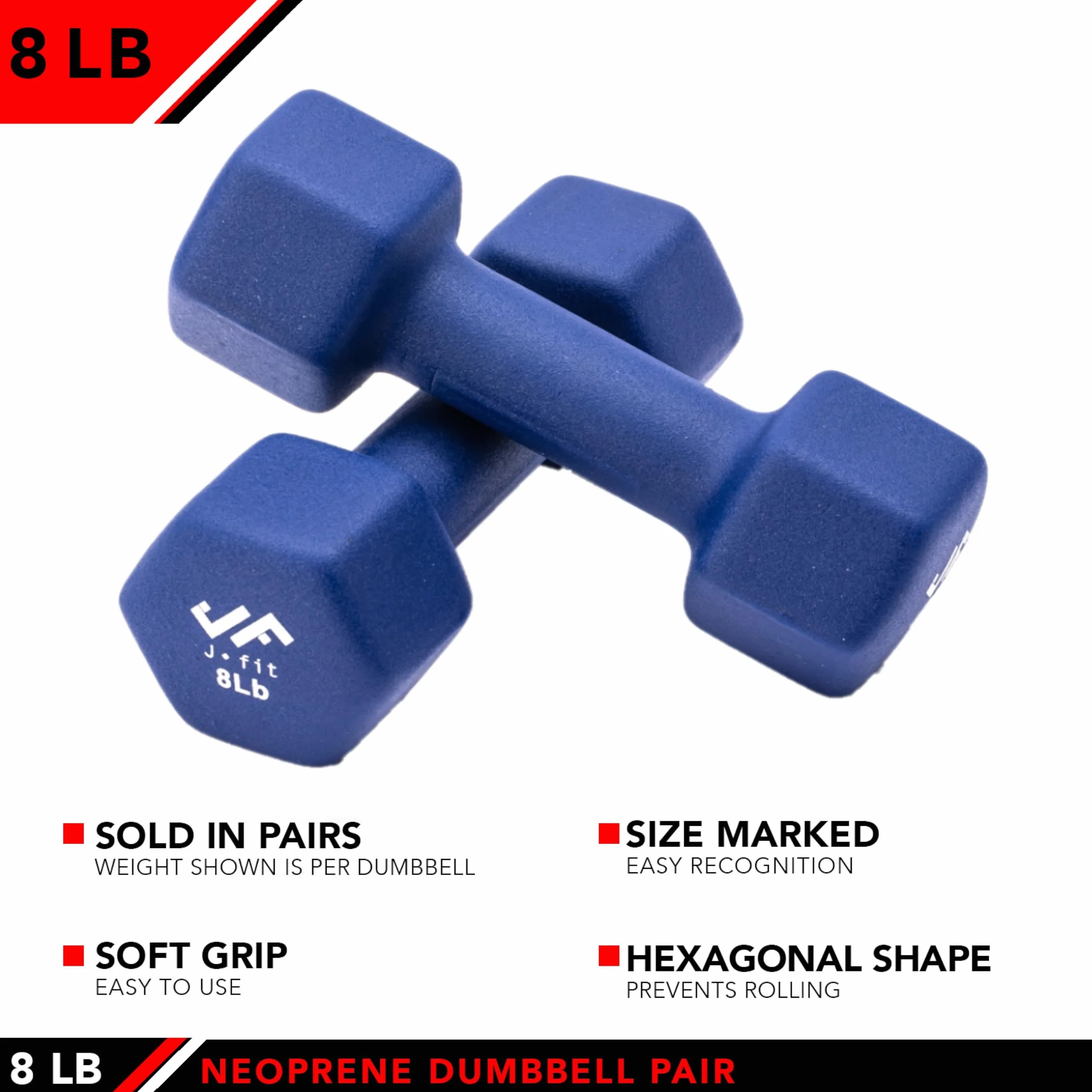 J-Fit JFIT - Par de mancuernas de neopreno – 8 libras – Antideslizante, forma hexagonal, código de color, fácil de leer pesos de mano para tonificar músculo, construcción de fuerza, pérdida de peso
