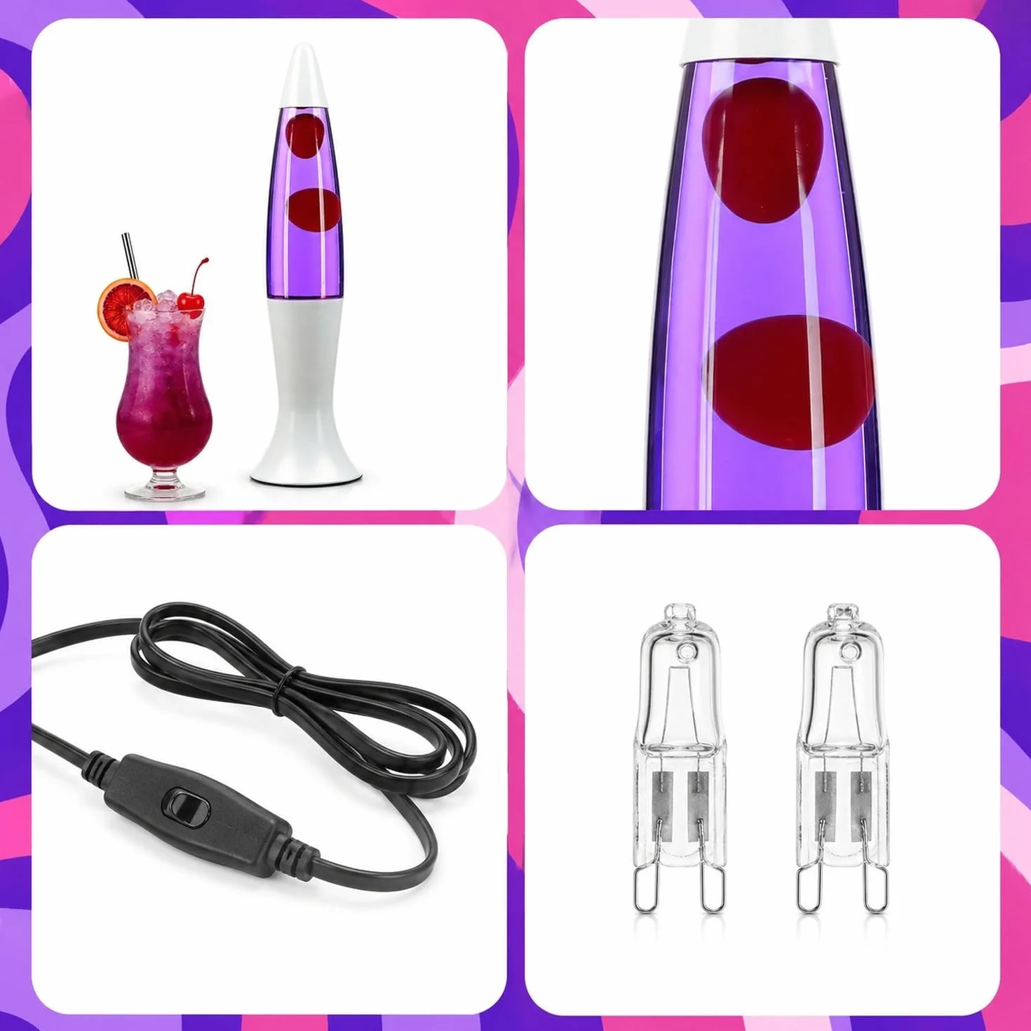 Easylight Lámpara de lava vidrio aluminio blanco púrpura rojo H:40 cm G9 ROXY