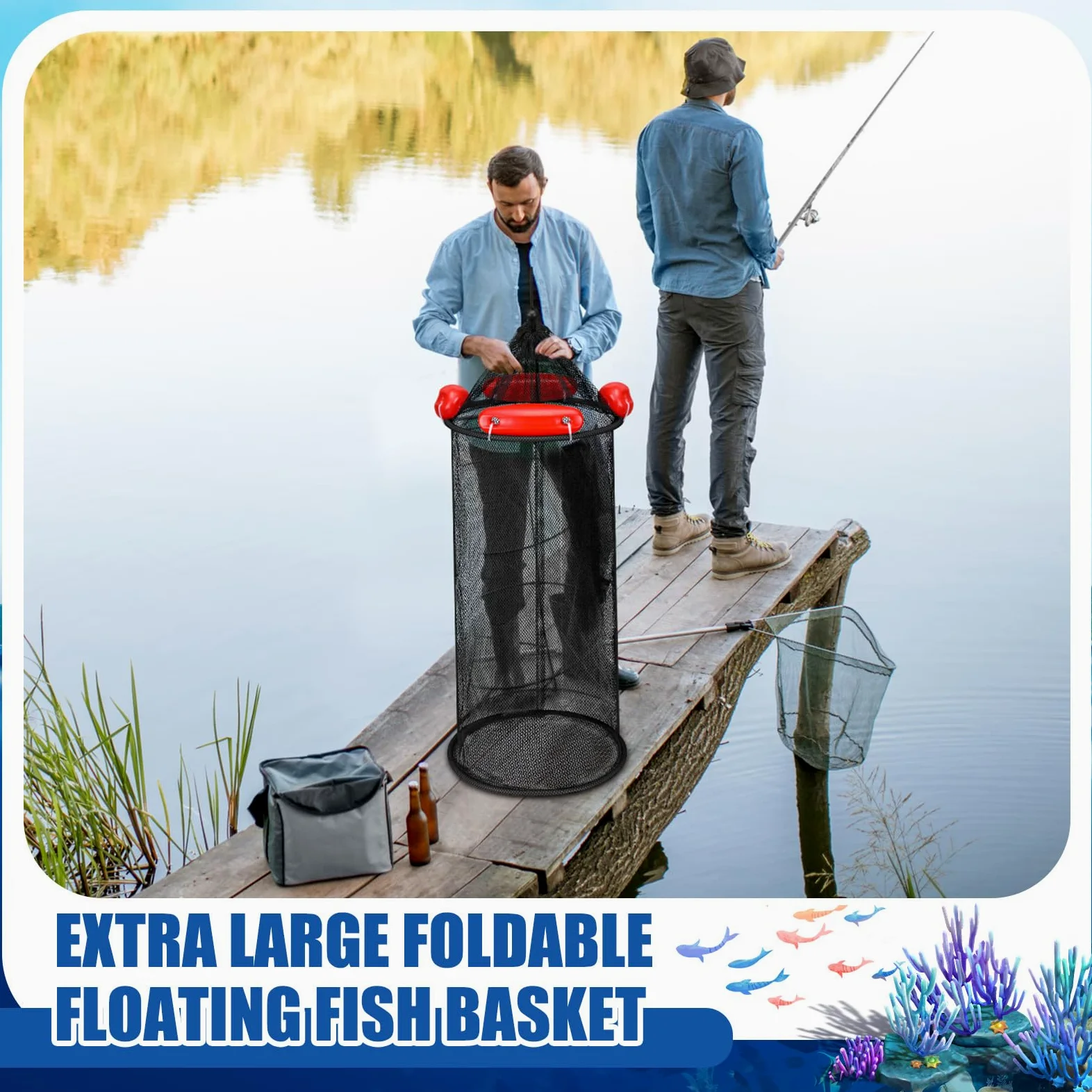 Cesta de pesca flotante plegable grande para peces, cesta de pesca flotante, cubo de red para almacenamiento de cebo, jaula para mantener camarones de pececillos