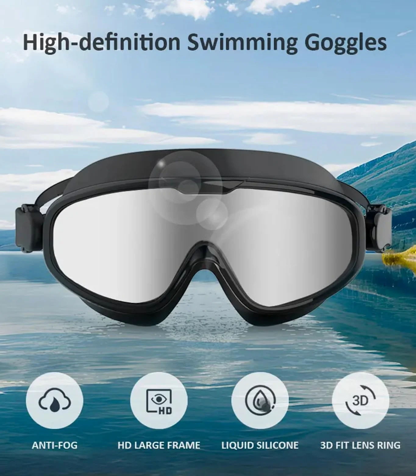 Gafas de natación con Montura Grande for Adultos, Lentes Buceo antivaho HD, Gafas Impermeables for Nadar, Piscina y Playa para Piscinas
