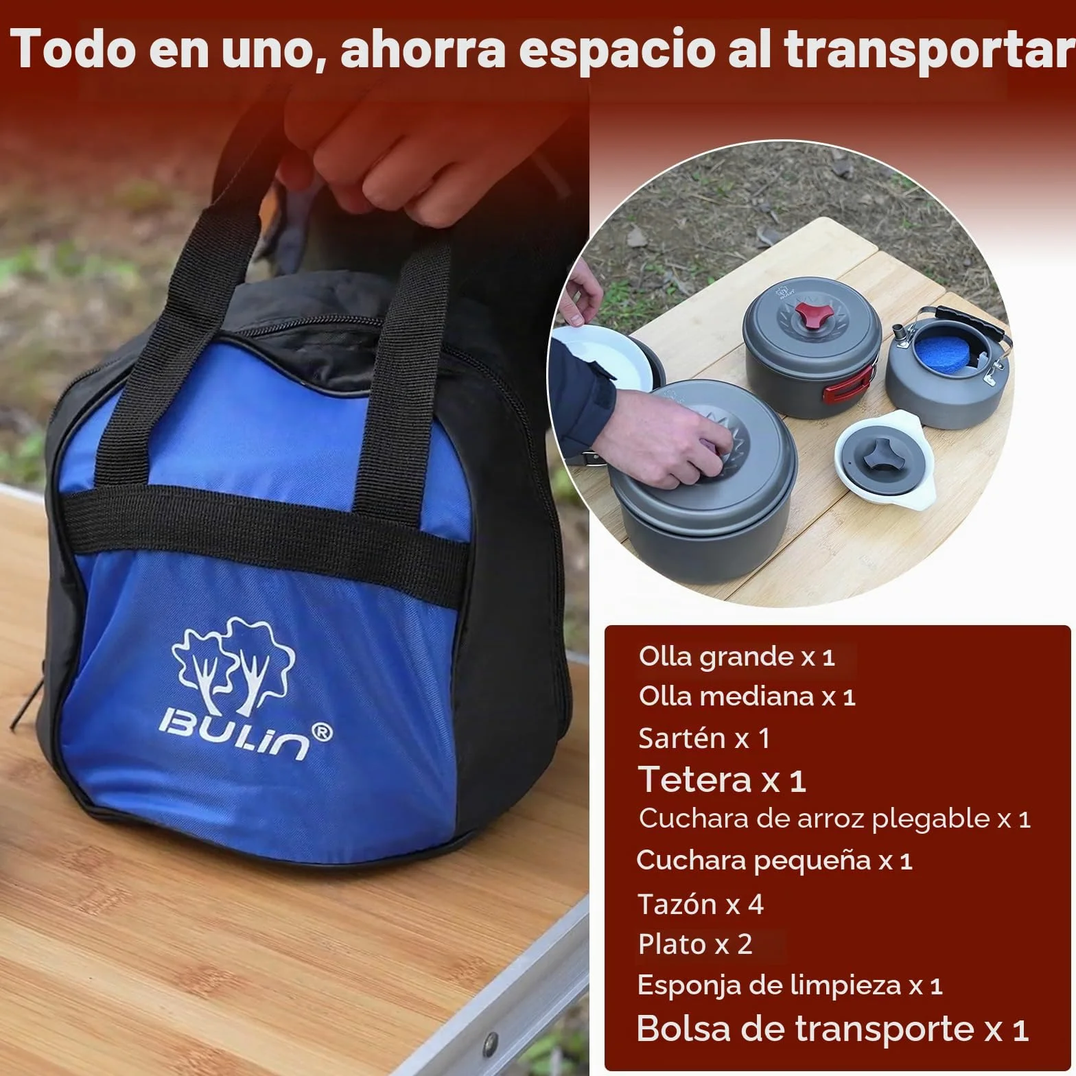 Bulin Set de Cocina Camping, ollas de Aluminio, Set de Cocina Ligero con Cubiertos Plegables y hervidor, Utensilios de Camping para 1–2–4–6 Personas, Ideal para Camping, Exterior y Picnic
