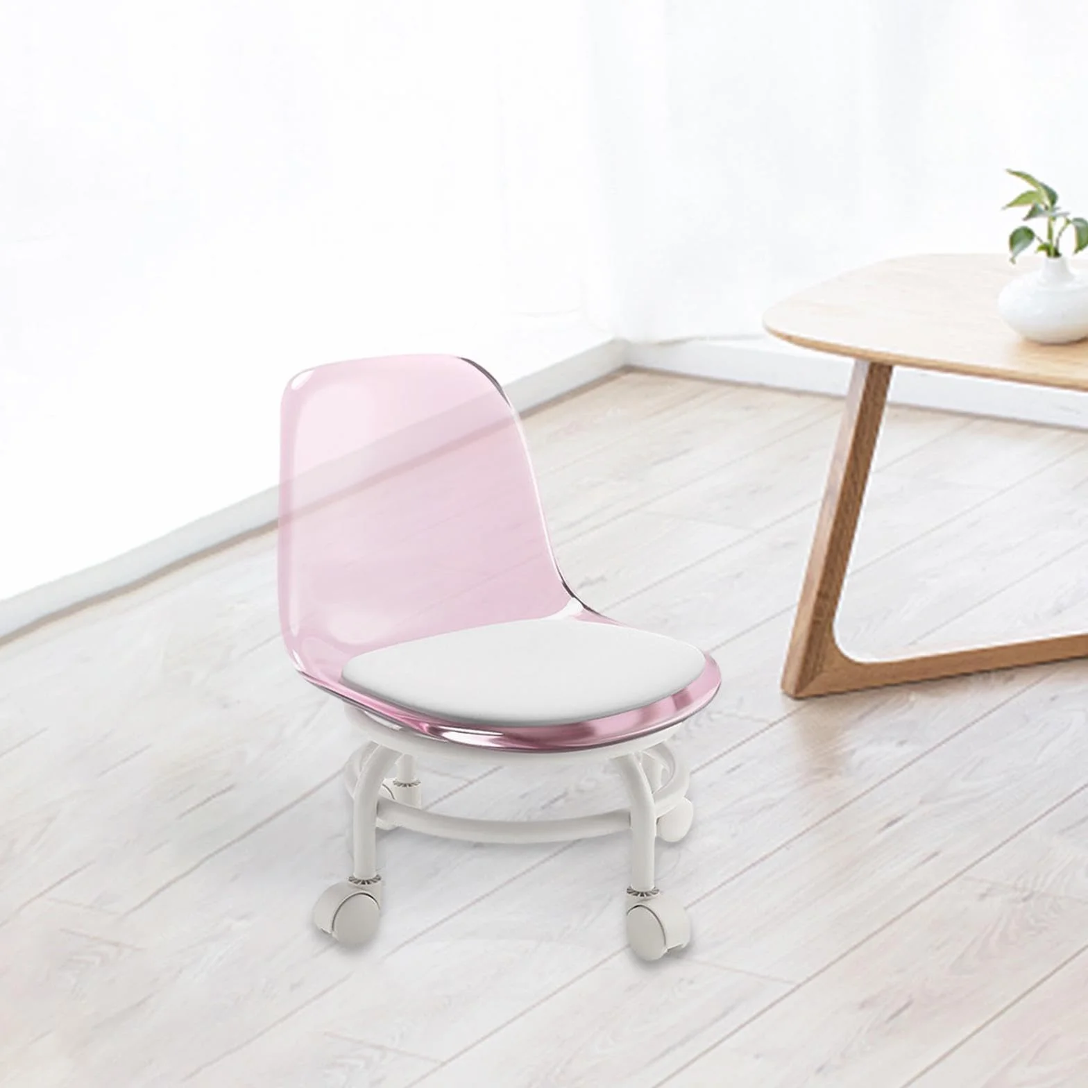 Taburete móvil con Respaldo Giratorio 360 Grados para Limpieza y Pedicura Rosado