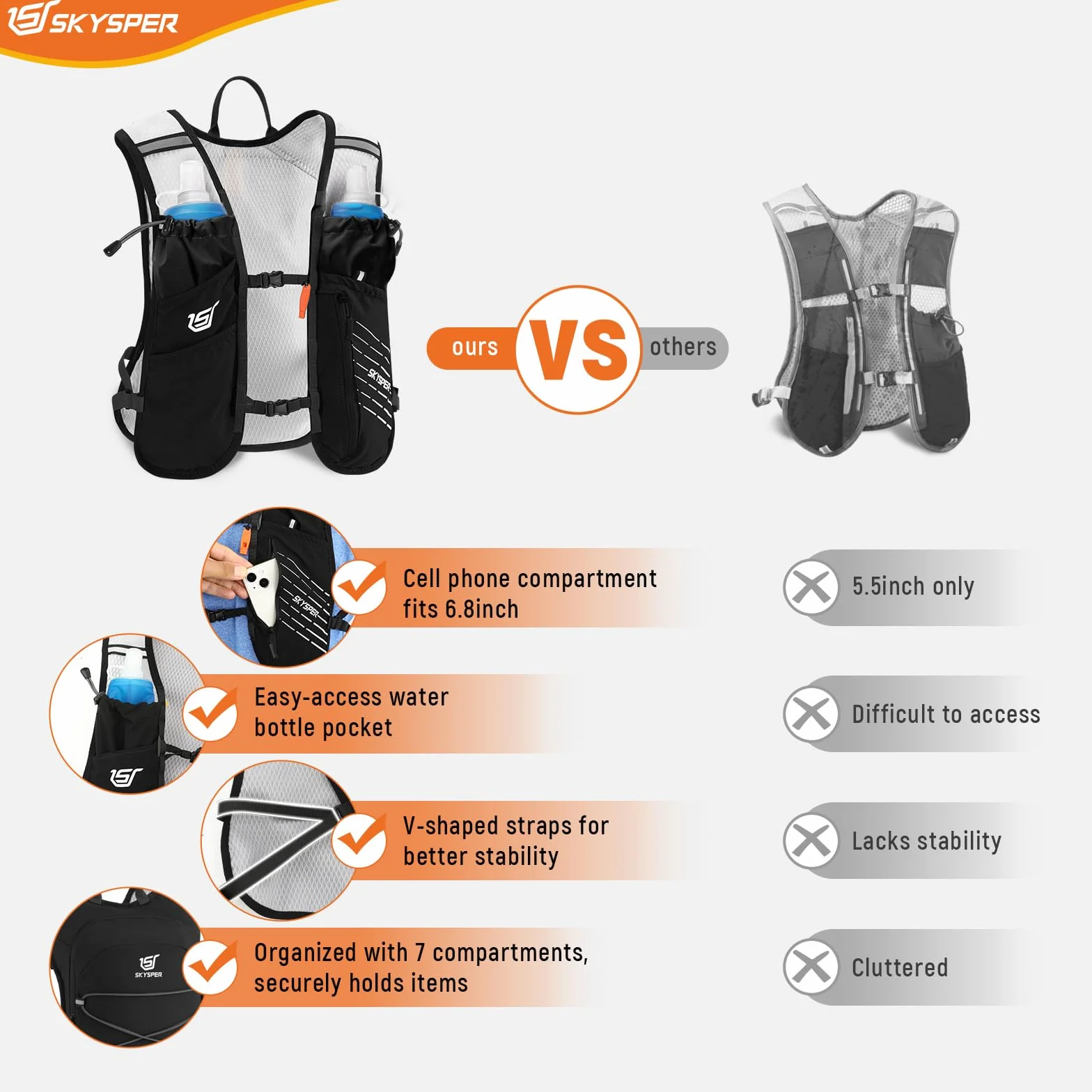 SKYSPER Chaleco de Hidratación Running 12L Ligero con 2 Botellas 500ML Reflectante para Trail Maratón
