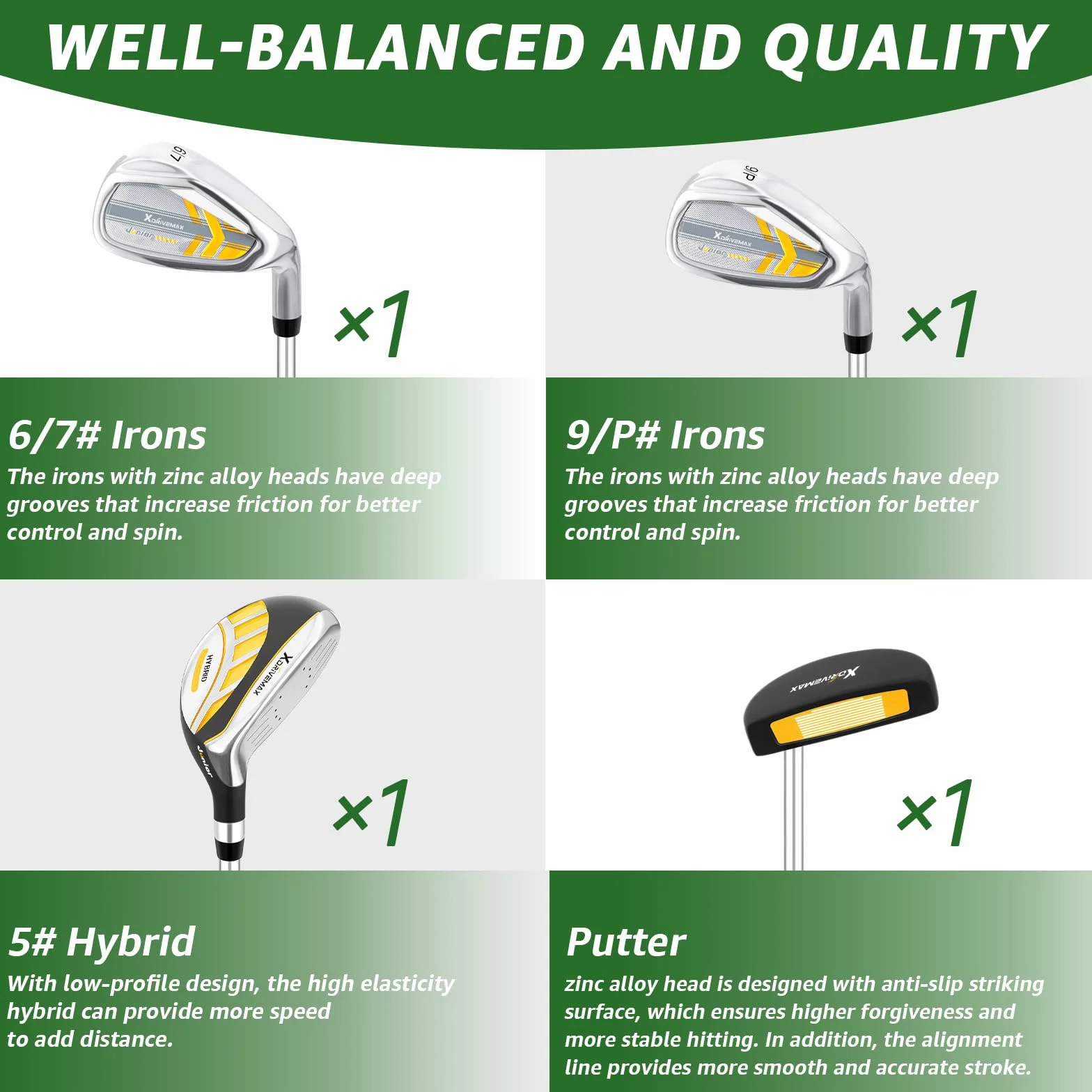XDriveMax Juego de palos de golf para niños de 5/6 piezas, juego de palos de golf junior de 4 a 12 años, incluye bolsa de soporte, 1# Drive, 5# híbrido, 6/7#, 9/P # hierros y putter mano derecha para