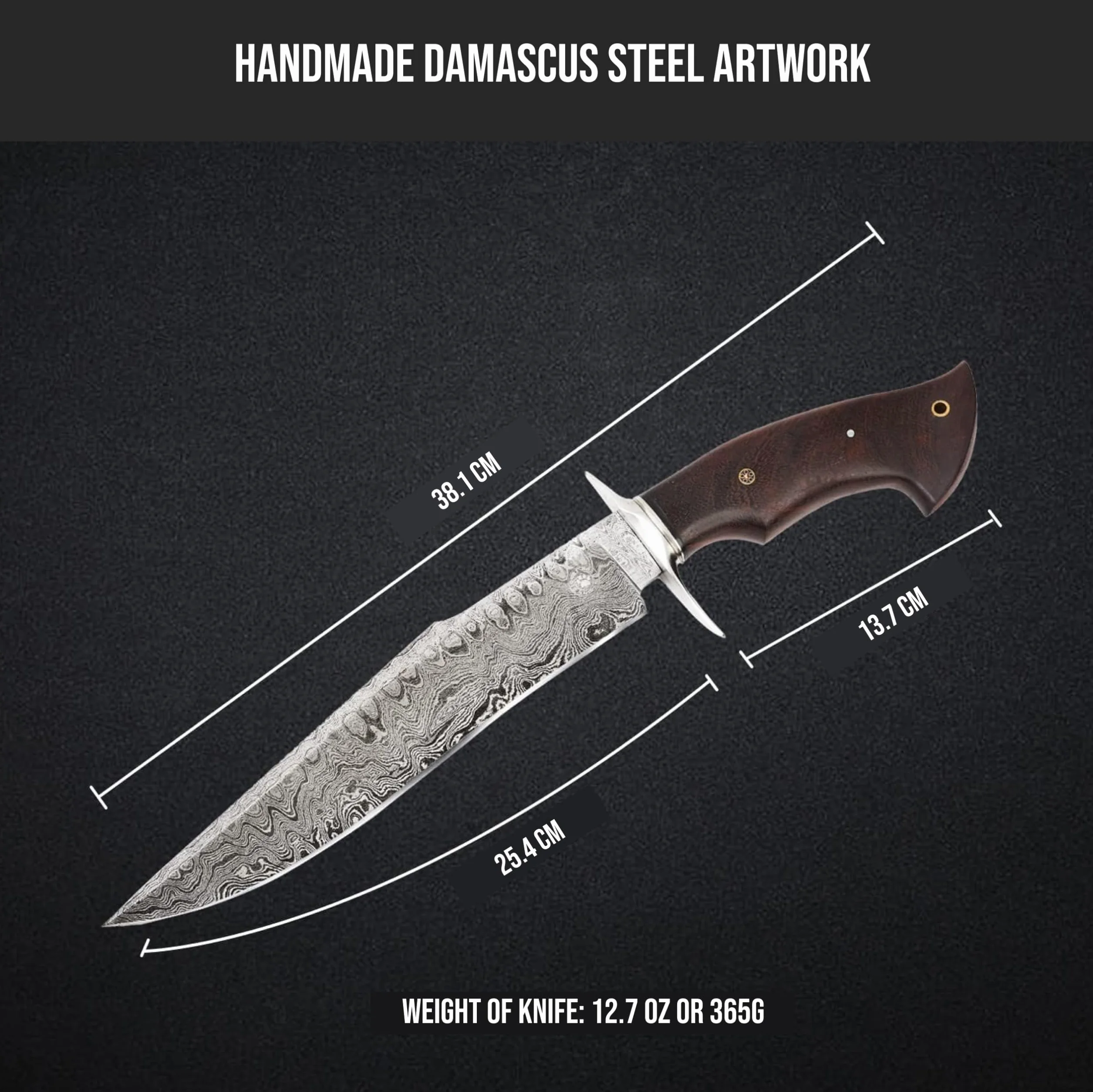 BIGCAT ROAR Cuchillo de caza de Damasco hecho a mano - 38 cm Hoja fija con funda y mango de nogal