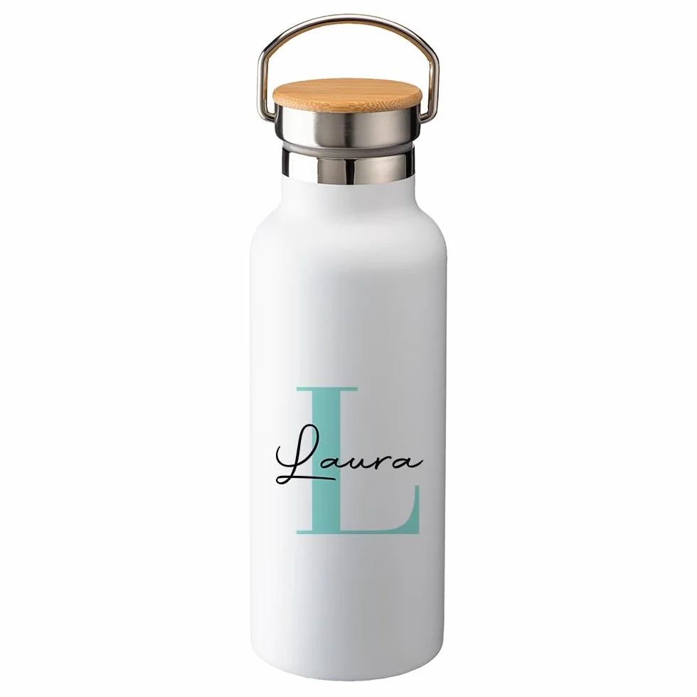Genérico Botella térmica personalizada inicial y nombre 500 ml bambú, acero inox