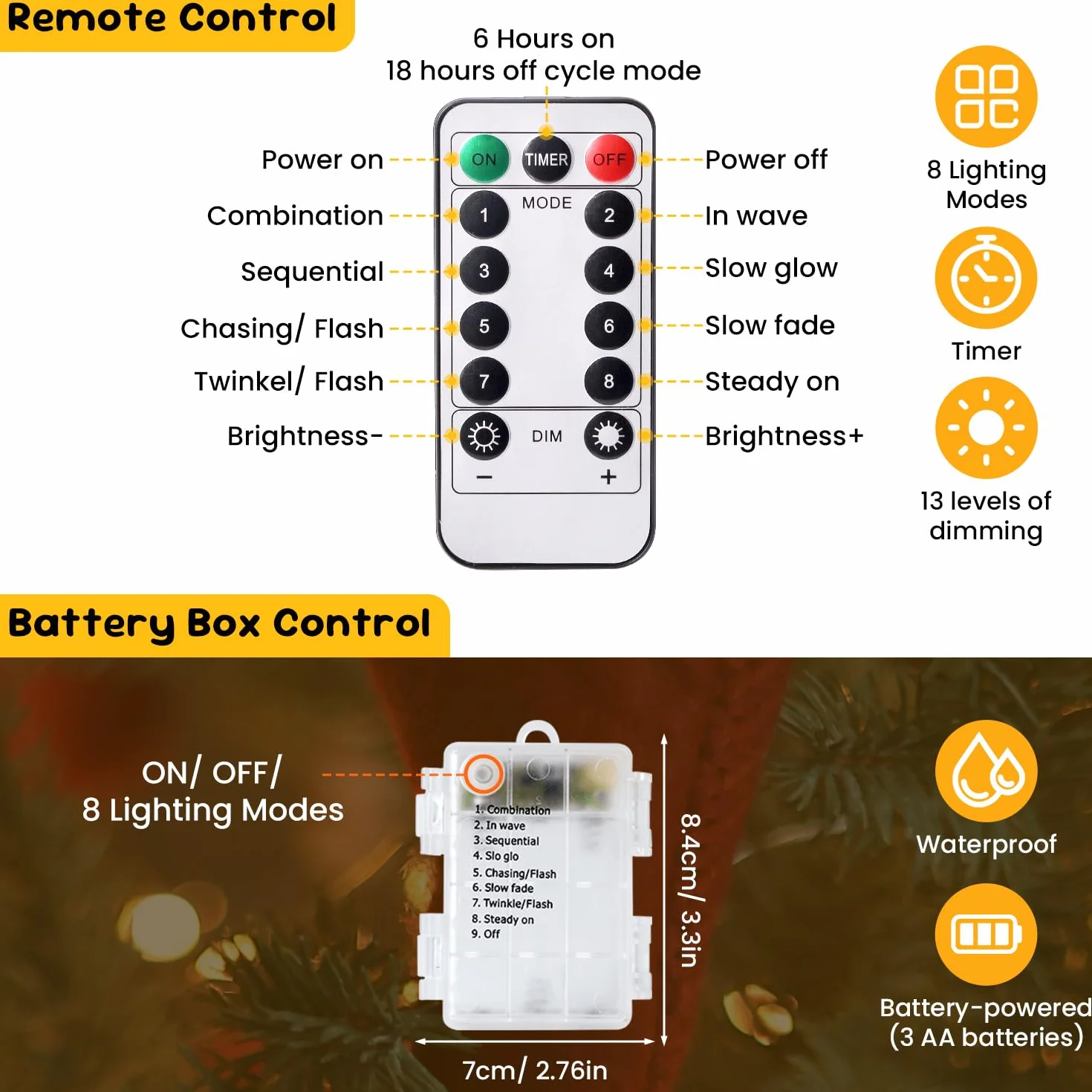 Guirnalda Luces LED Pilas 24M IP65 Impermeable 8 Modos Brillo Ajustable Control Remoto
