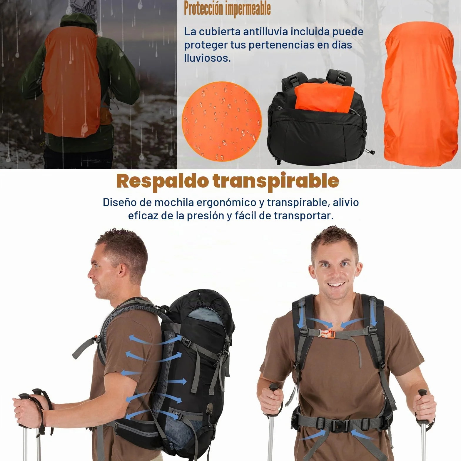 Cozary Mochila Trekking 70L Impermeable Antidesgarro con Cubrelluvia, Sistema Transpirable para Senderismo Camping Montañismo