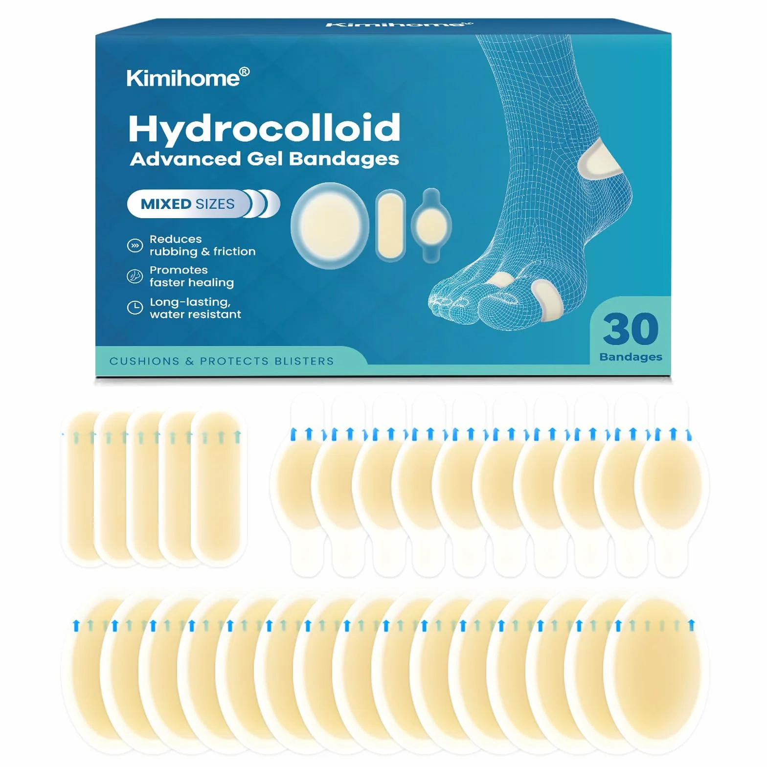 Kimihome Vendas hidrocoloides para pies – 30 unidades – Cojines de ampollas para talón, dedos