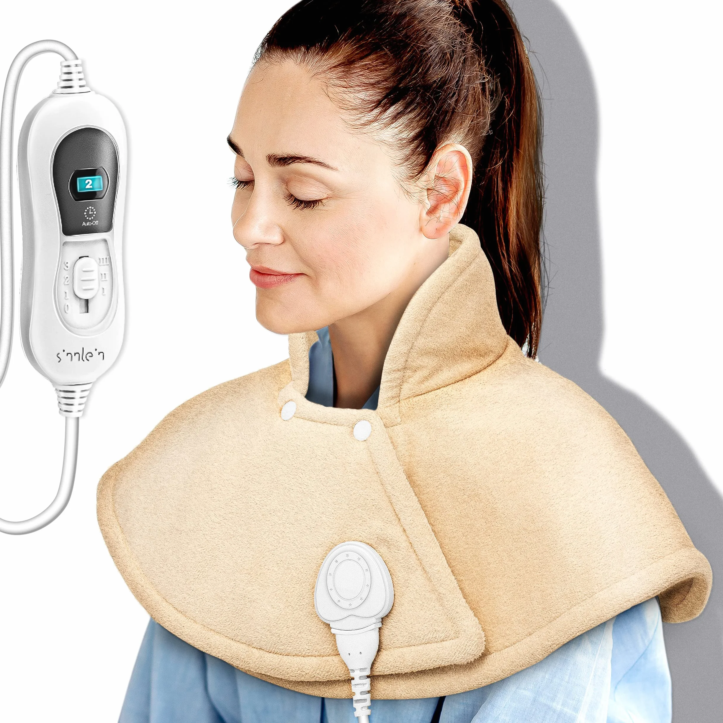 sinnlein Almohadilla Eléctrica para Cervicales, Hombros, Cuellos y Espalda | Manta Térmica con 3 Niveles de Temperatura y Apagado Automático | 100W (Beige)