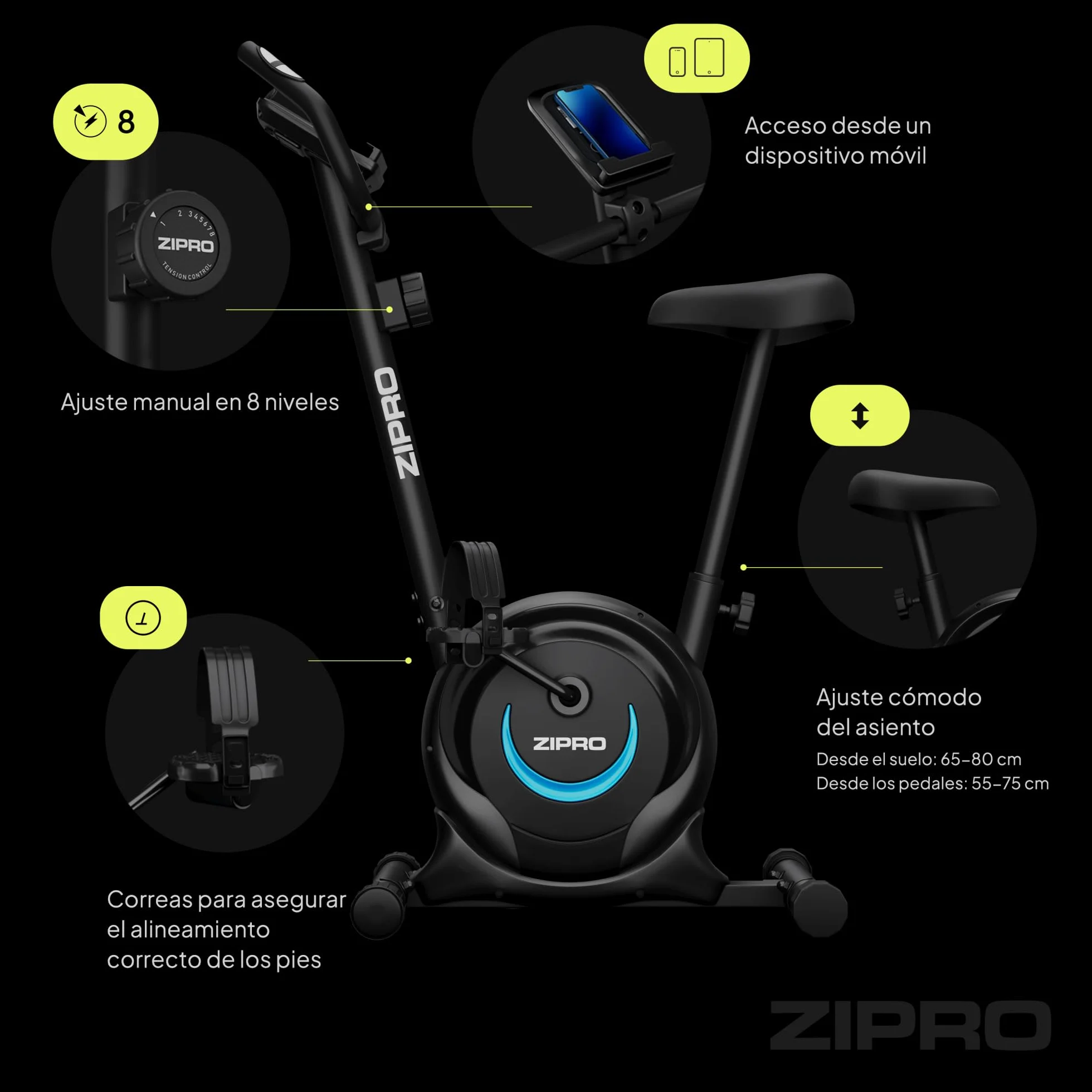 ZIPRO Bicicleta Estatica Magnetica con 8 Niveles de Resistencia, Soporte para Móvil, Monitor LCD, Sillín Confort, Bici Estatica para Cardio en Casa, Bicicletas Estaticas para Interior