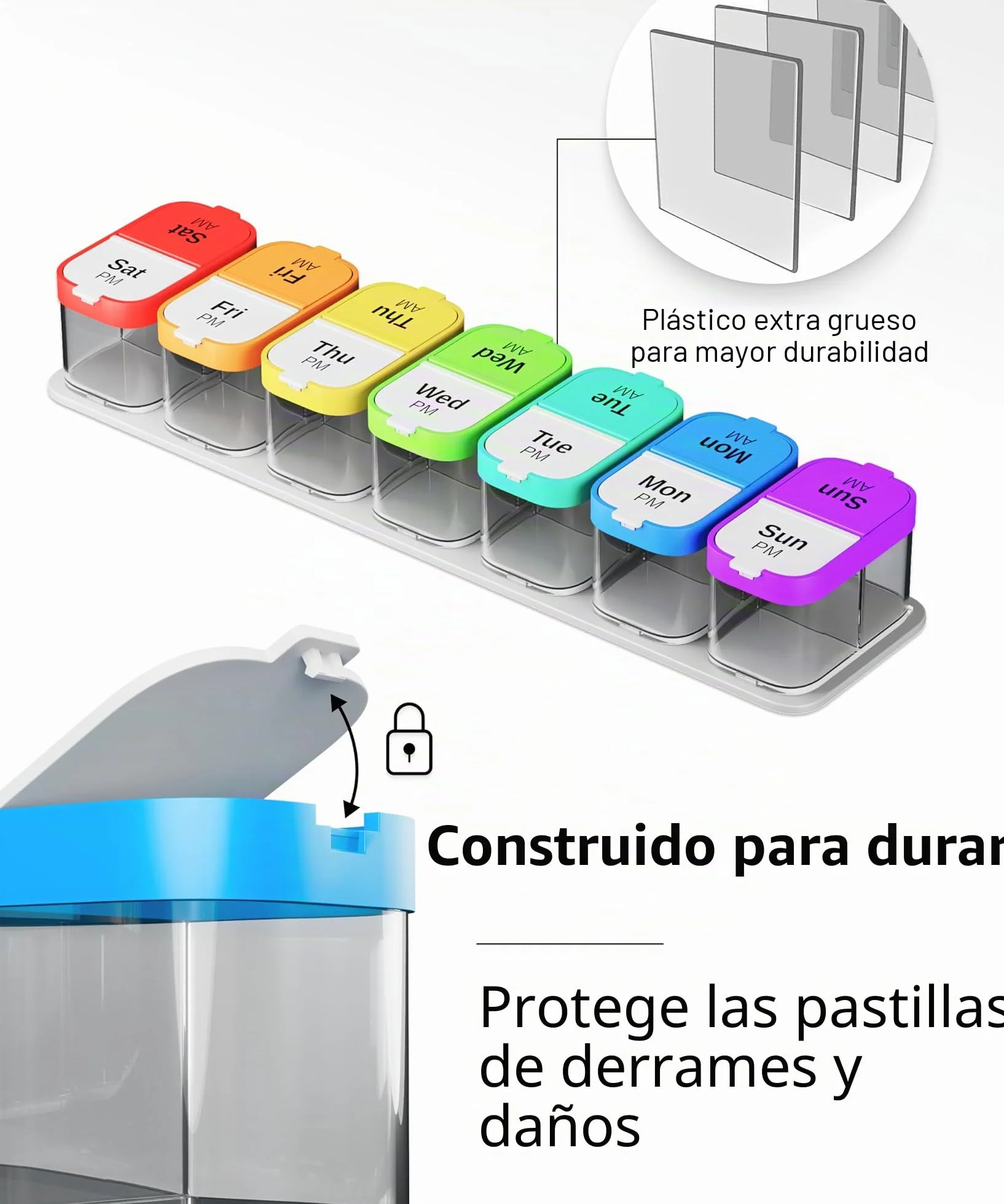Organizador semanal XL de píldoras con 7 compartimentos desmontables AM/PM, dispensador portátil