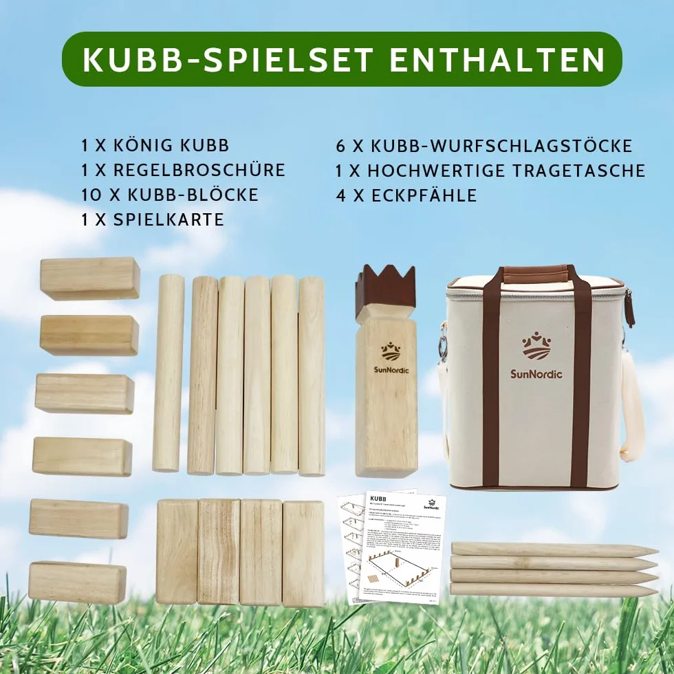 SunNordic Kubb Juego de Lanzamiento Vikingo, Juego de ajedrez Sueco Hecho de Madera de Caucho de, Incluye Bolsa de Lona e Instrucciones de Juego, Juego Robusto de Kubb Yard para niños y