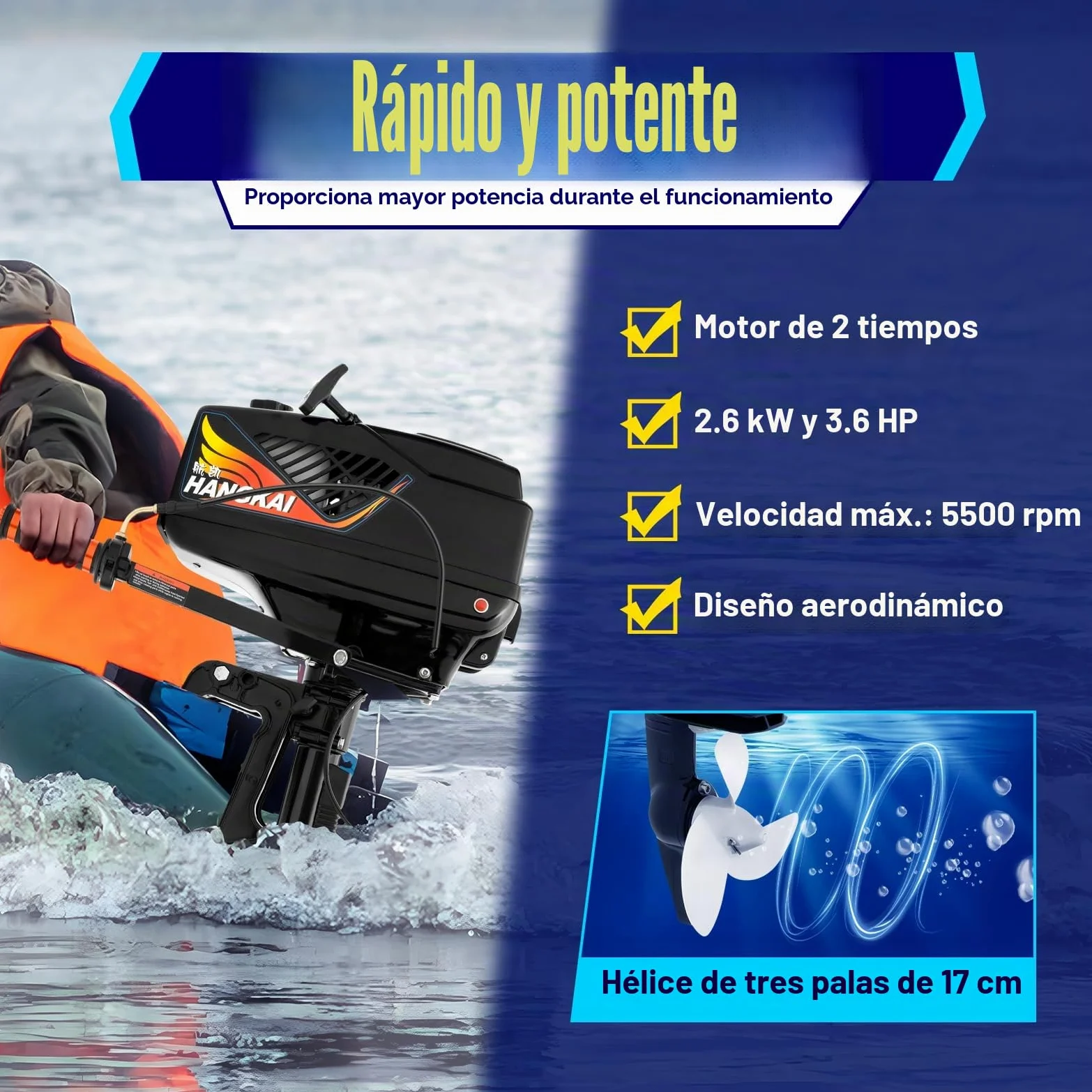 Motor fueraborda de 2 tiempos, 3,6 CV, motor de gasolina para botes inflables, barcos de pesca, yates, canoas, kayaks con una altura trasera máxima de 42 cm