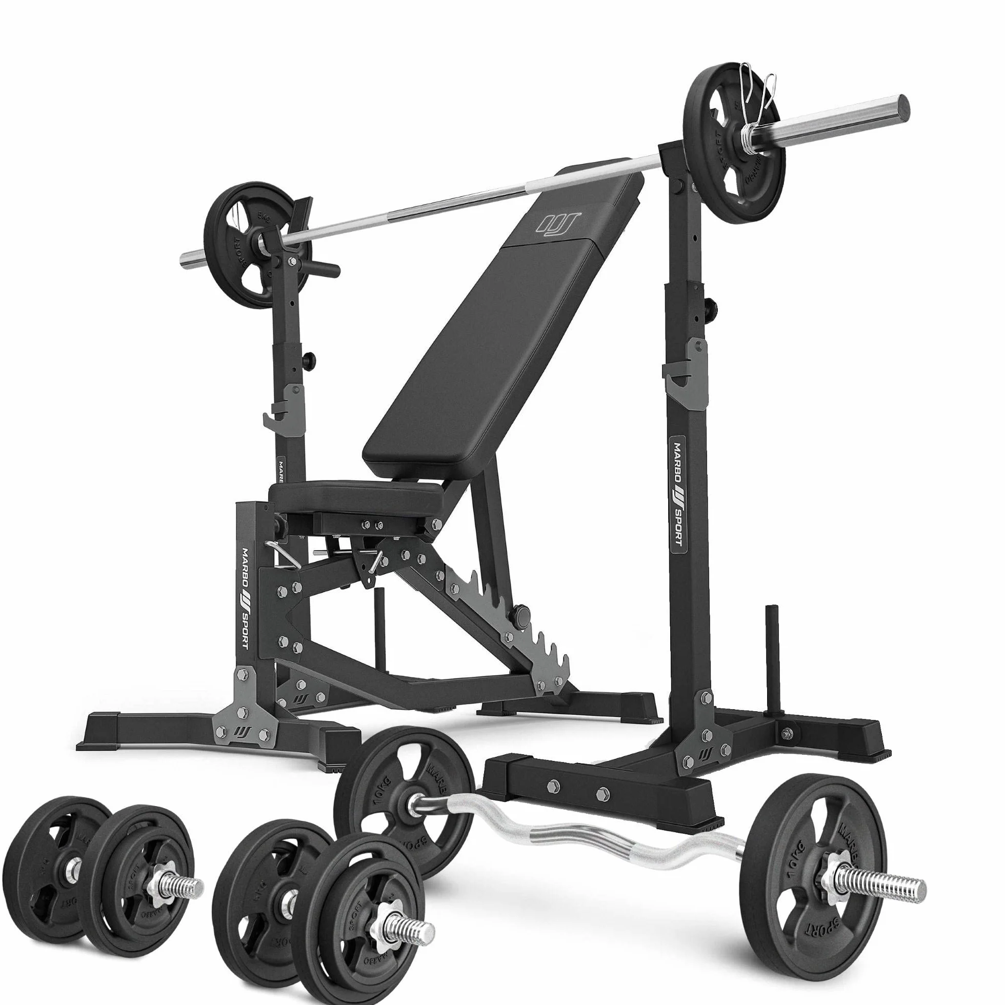 Marbo Sport Juego MS30_2.0 | Banco de entrenamiento ajustable de doble cara + portabanceros multinivel + caballetes ajustables + barras reforzadas y pesos 83/113 kg de su elección | Made in EU