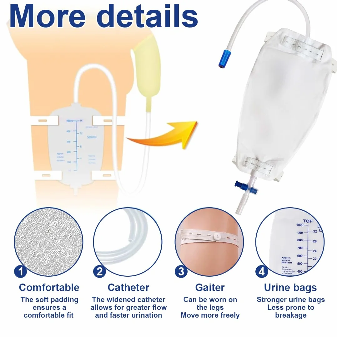4 Piezas Bolsas de Orina de 1000 ml para Piernas con Válvula Antirreflujo