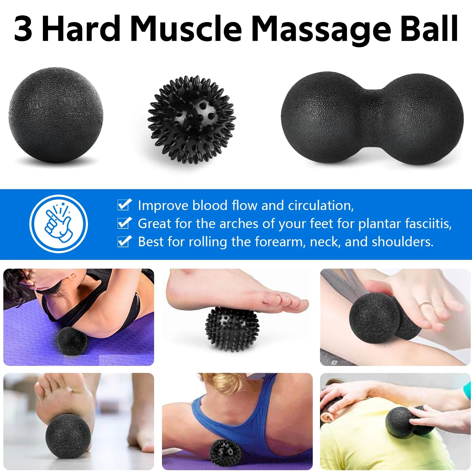 Juego de rodillos de espuma – Rodillo de espalda de alta densidad, rodillo muscular, 3 bandas de resistencia, bola de fascitis de 2 pies, correa de estiramiento, bola de masaje para terapia física y