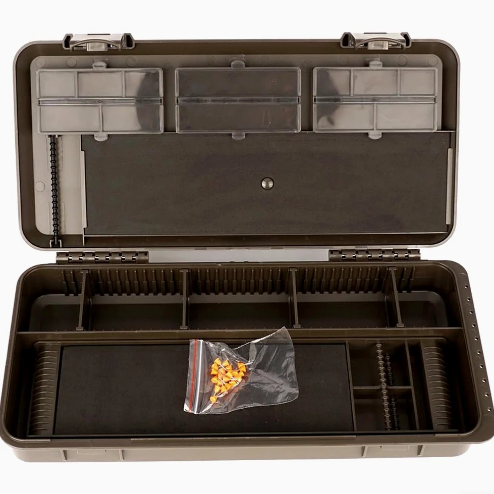 Caja de aparejos de pesca de carpa, contenedor de ABS resistente con tapa organizador para líneas ganchos aparejos negro 30 cm