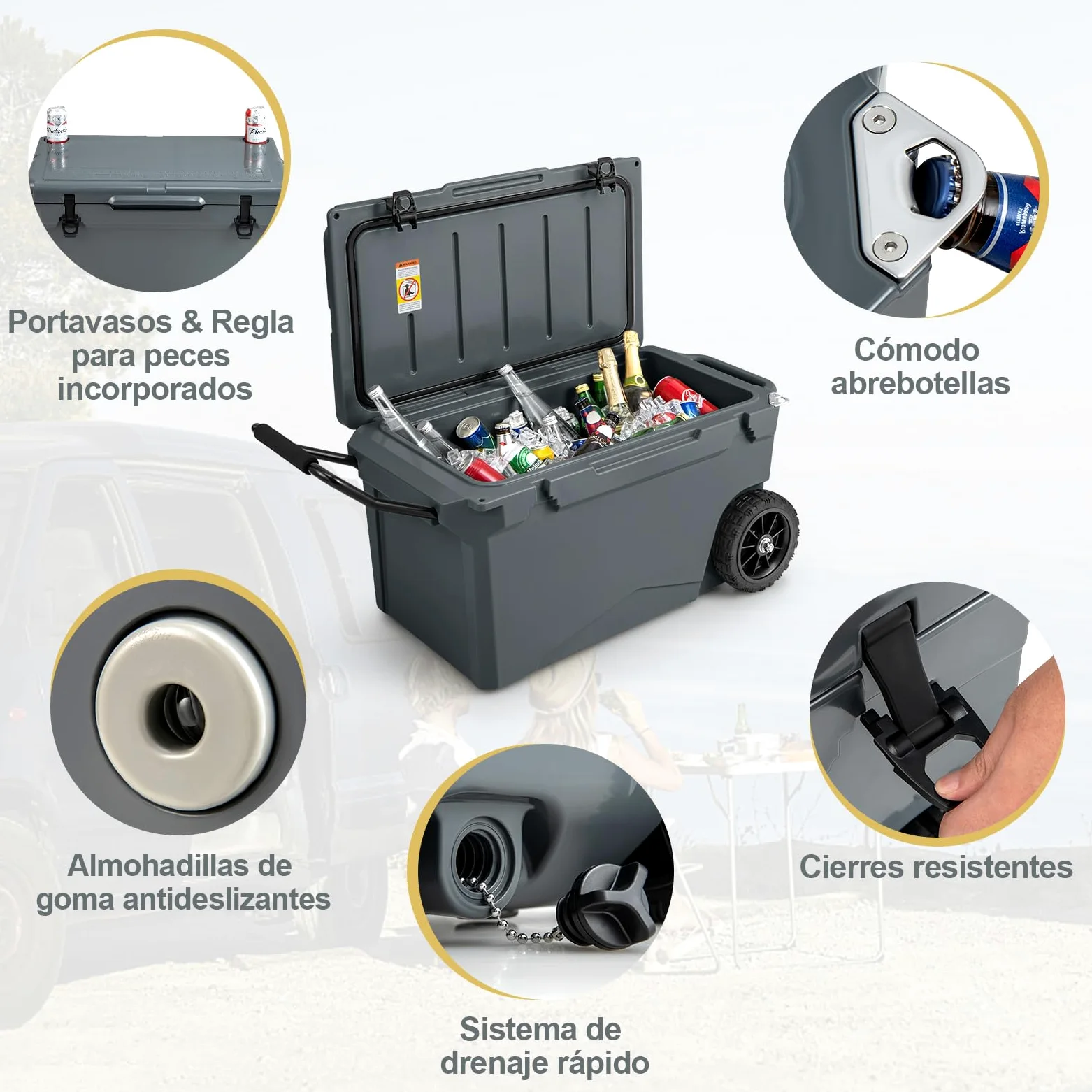 COSTWAY Enfriador Rotomoldeado, Hielera Portátil con Portavasos Integrados, Abridor de Botellas, Retención de Hielo Durante 5-7 Días, a Prueba de Fugas para Camping, Picnic, Pesca
