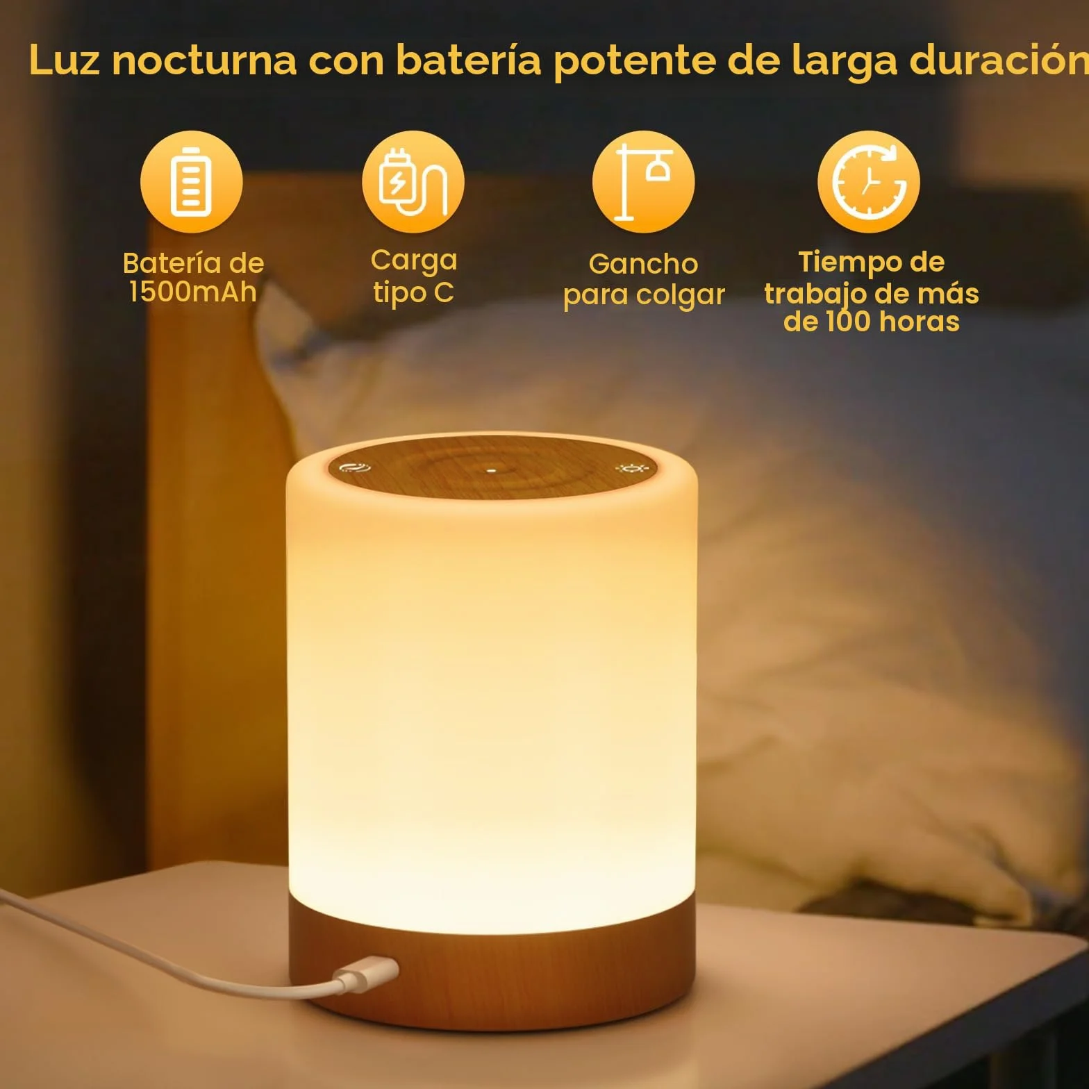 Lampara de Mesita de Noche Tactil Regulable LED Recargable USB 256 RGB 5 Modos Temporizador