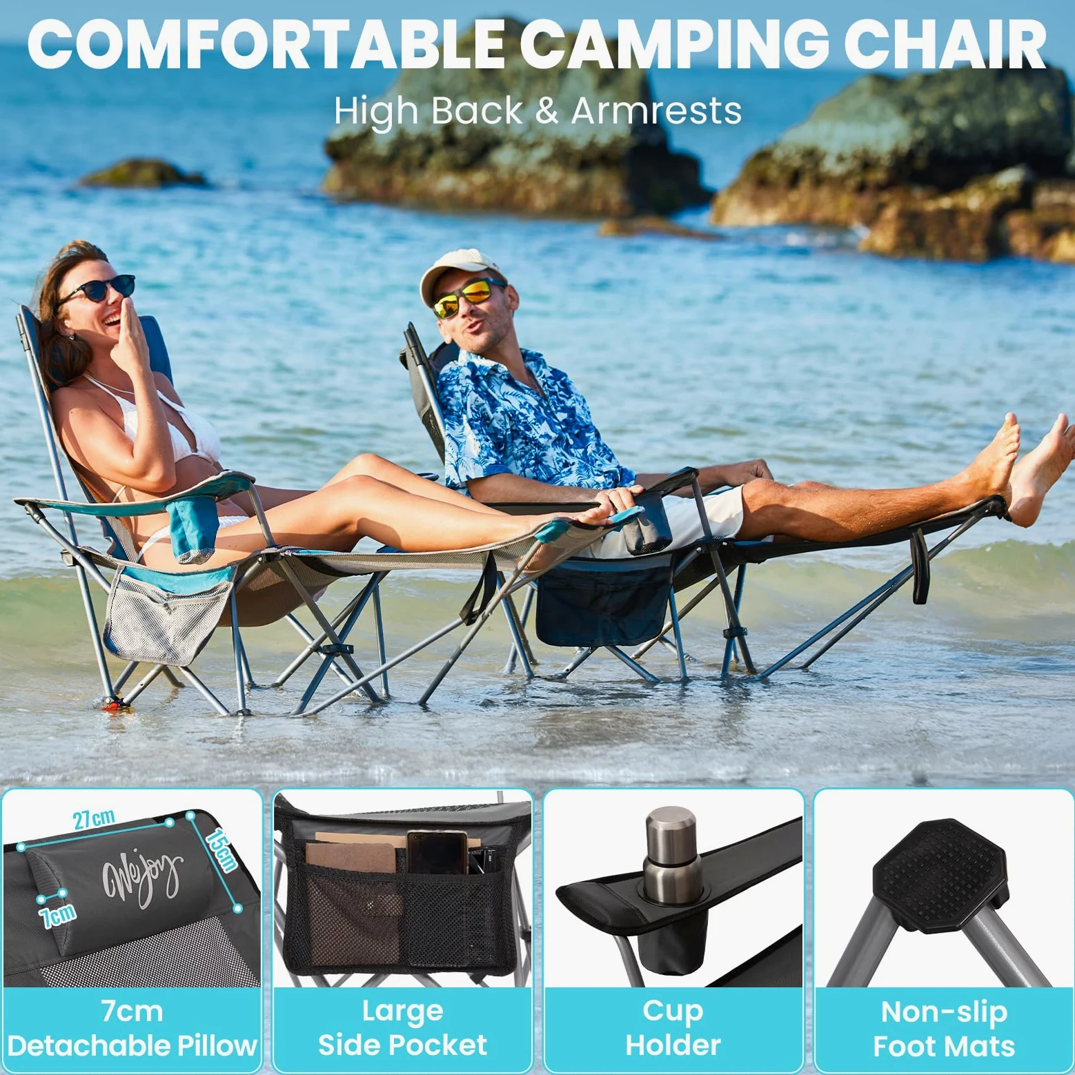 #WEJOY Silla de camping plegable 2 en 1, 180 kg, con reposapiés, silla de playa con respaldo ajustable en 4 posiciones, sillón de relax con soporte para bebidas, tumbona para exteriores, camping