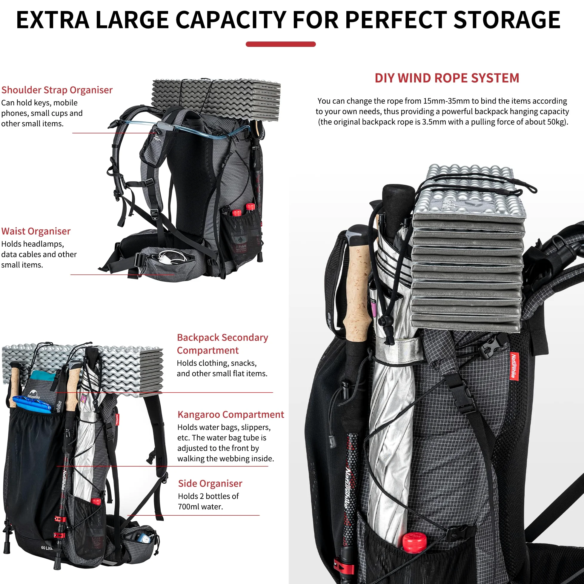 Naturehike Rock 40/60+5L Mochila de senderismo ligera para hombres/mujeres, mochila plegable impermeable con marco interior, mochila para camping, ciclismo, escalada, senderismo, montañismo, al aire