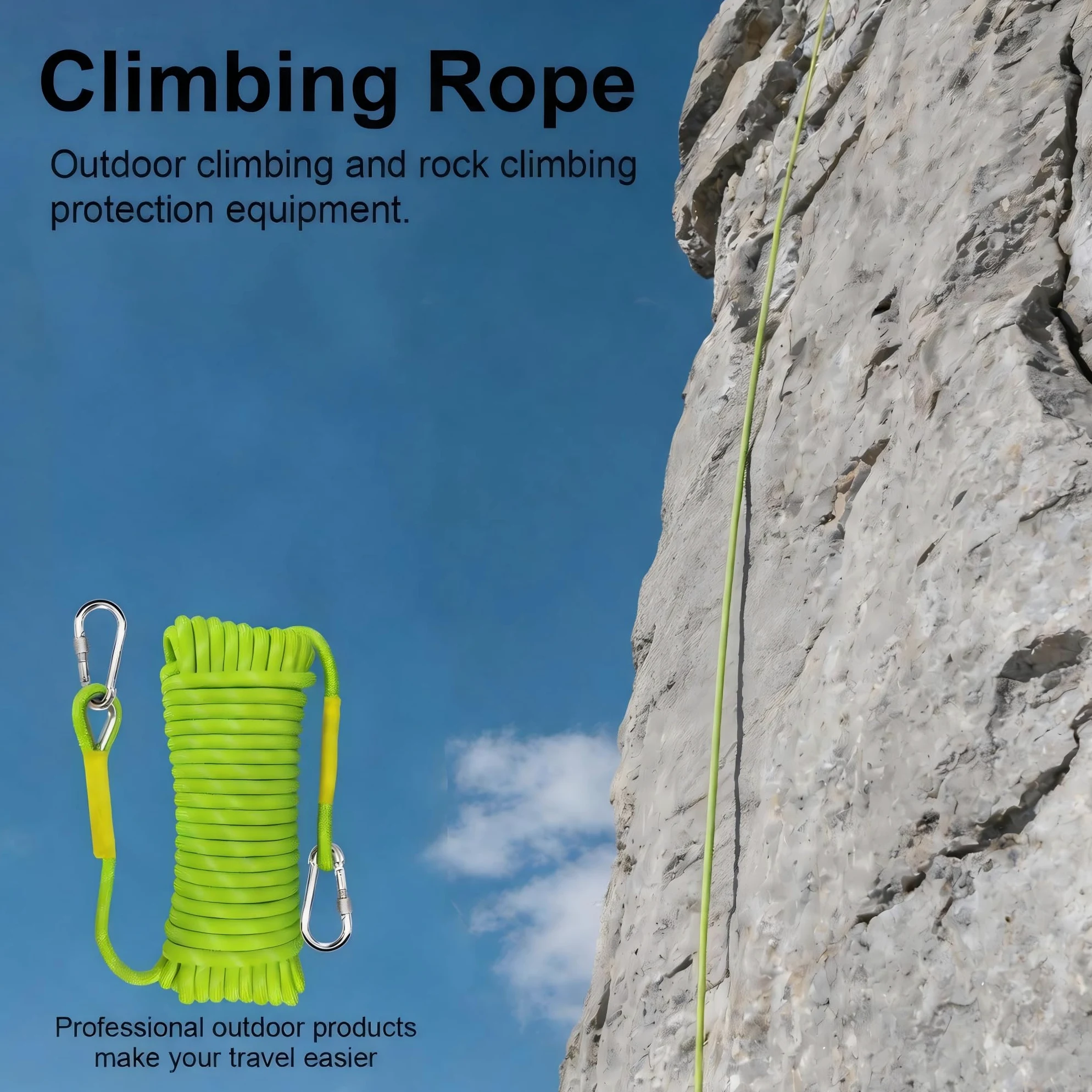 100m Cuerda Estática de Escalada 12mm con 2 Mosquetones, UIAA | Nylon de alta resistencia, resistente a la abrasión y UV, verde fluorescente, para rescate y actividades al aire libre
