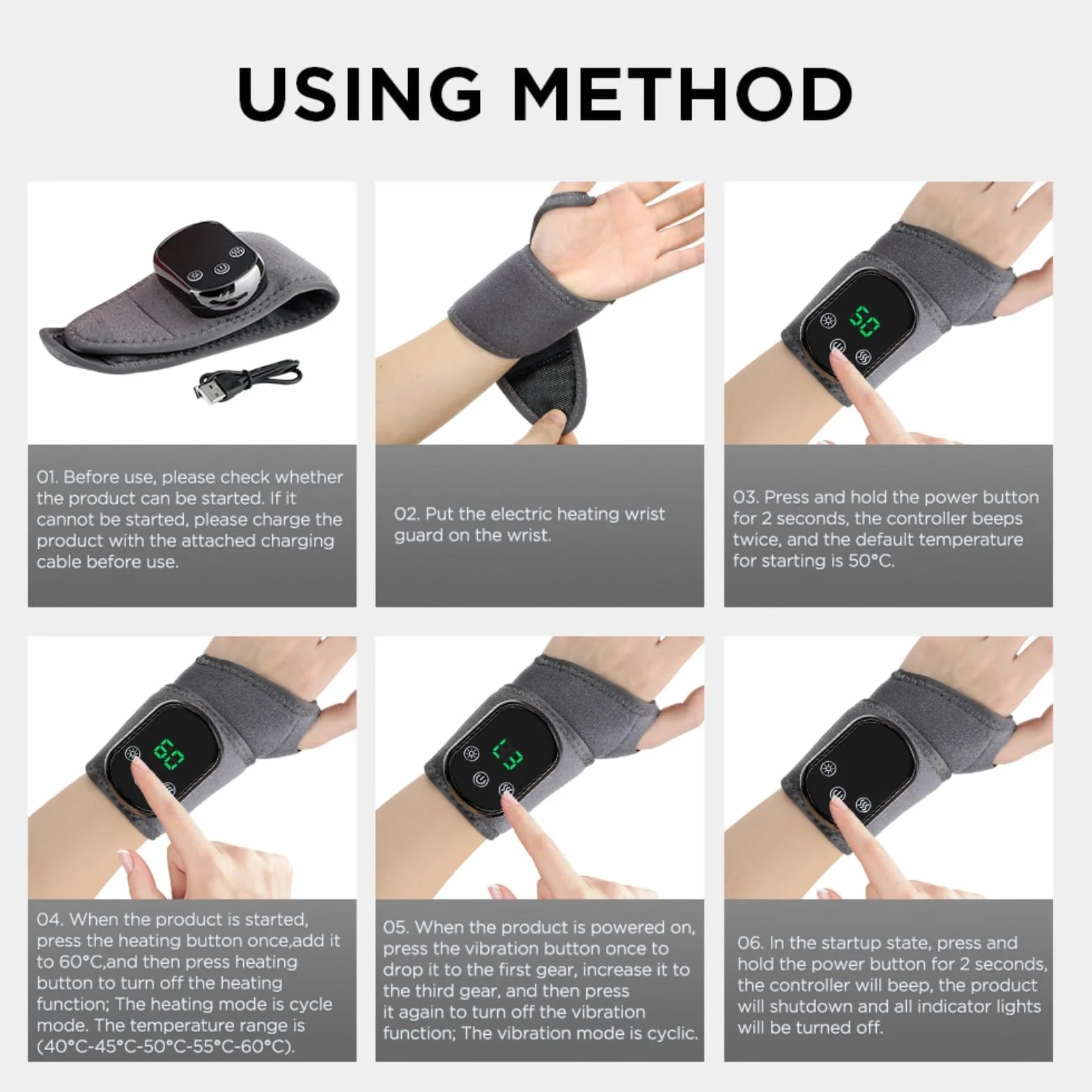 Masajeador eléctrico de muñeca con almohadilla térmica y vibración recargable ajustable para artritis tendinitis Gray