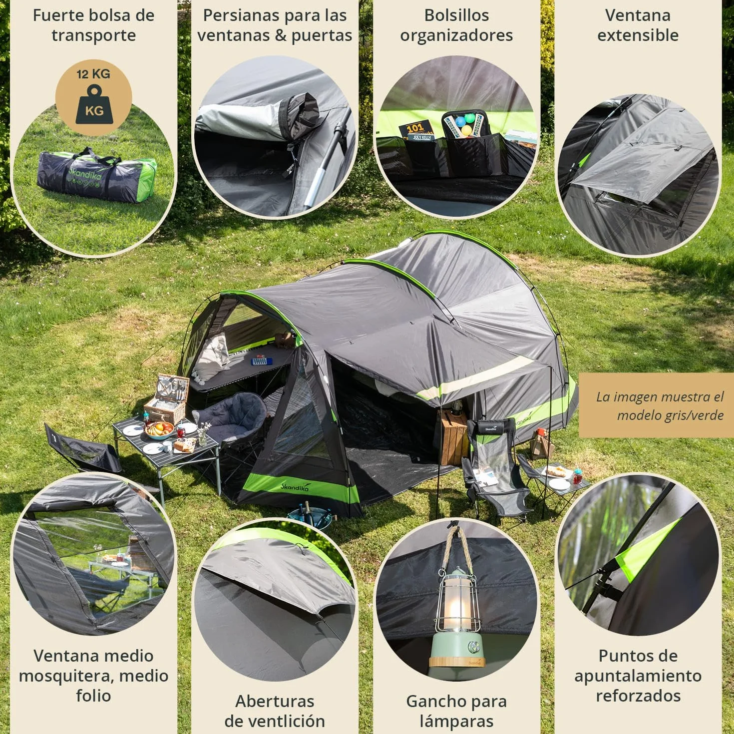 Skandika Kambo Tienda de campaña Familiar túnel para 6/8/12 Personas | Impermeable con 3000 de Columna de Agua, 2 m de Altura, 3 entradas, Techo Solar, toldo