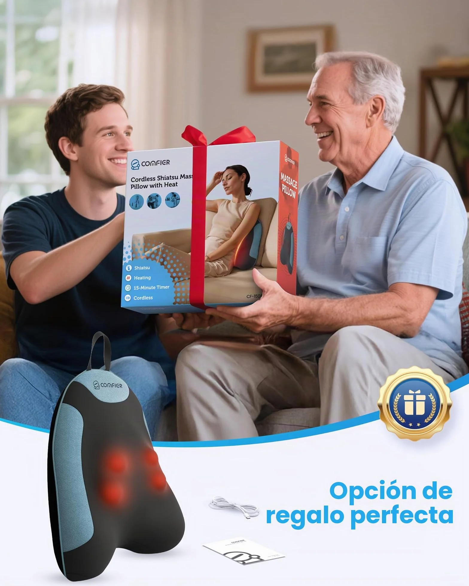 COMFIER Masajeador Cervical y Espalda Inalámbrico con Calor, Cojín de Masaje Shiatsu para Aliviar Dolor de Cuello y Hombros