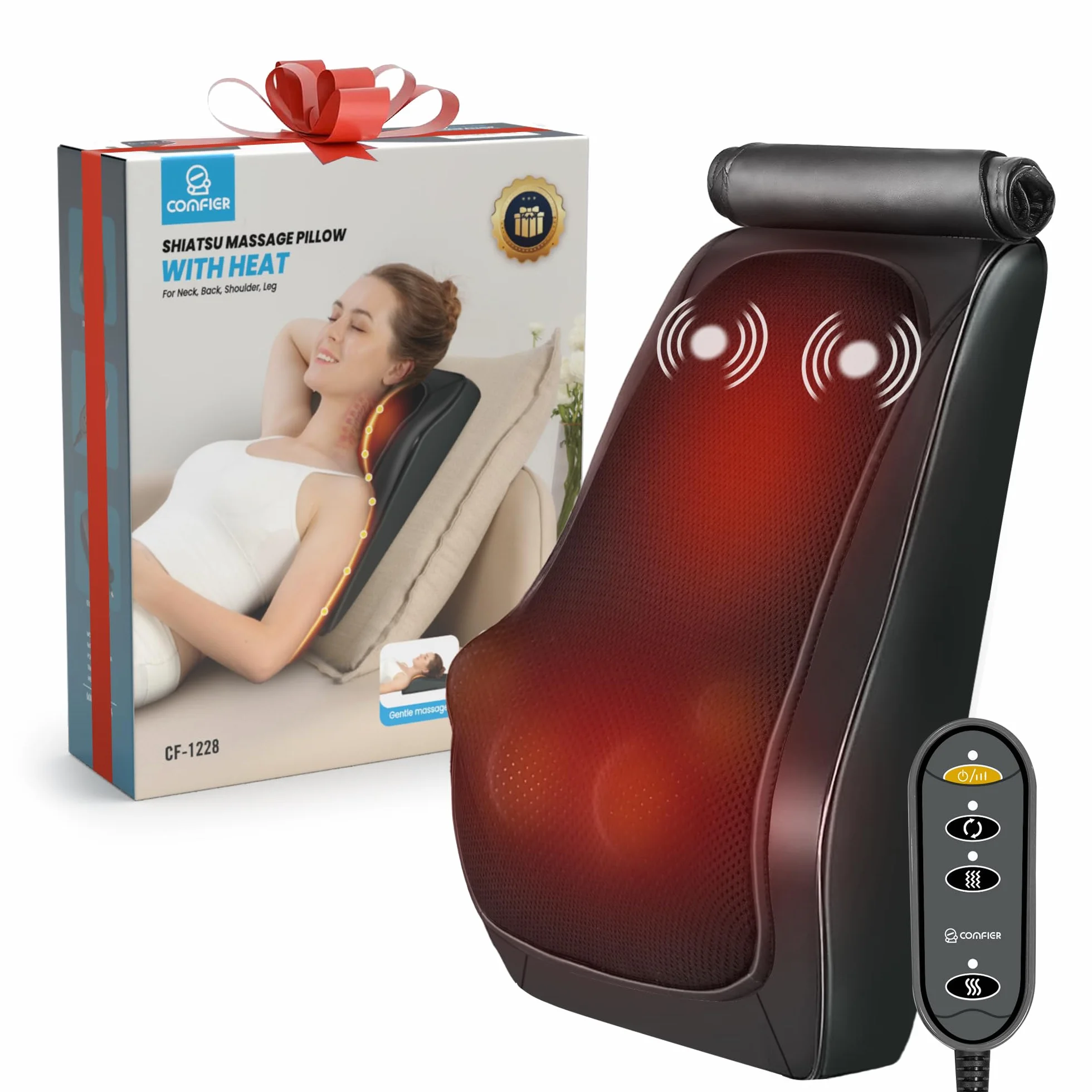 COMFIER Almohada de Masaje Shiatsu con Calor, Masajeador de Espalda 3D, Almohada Lumbar para Silla