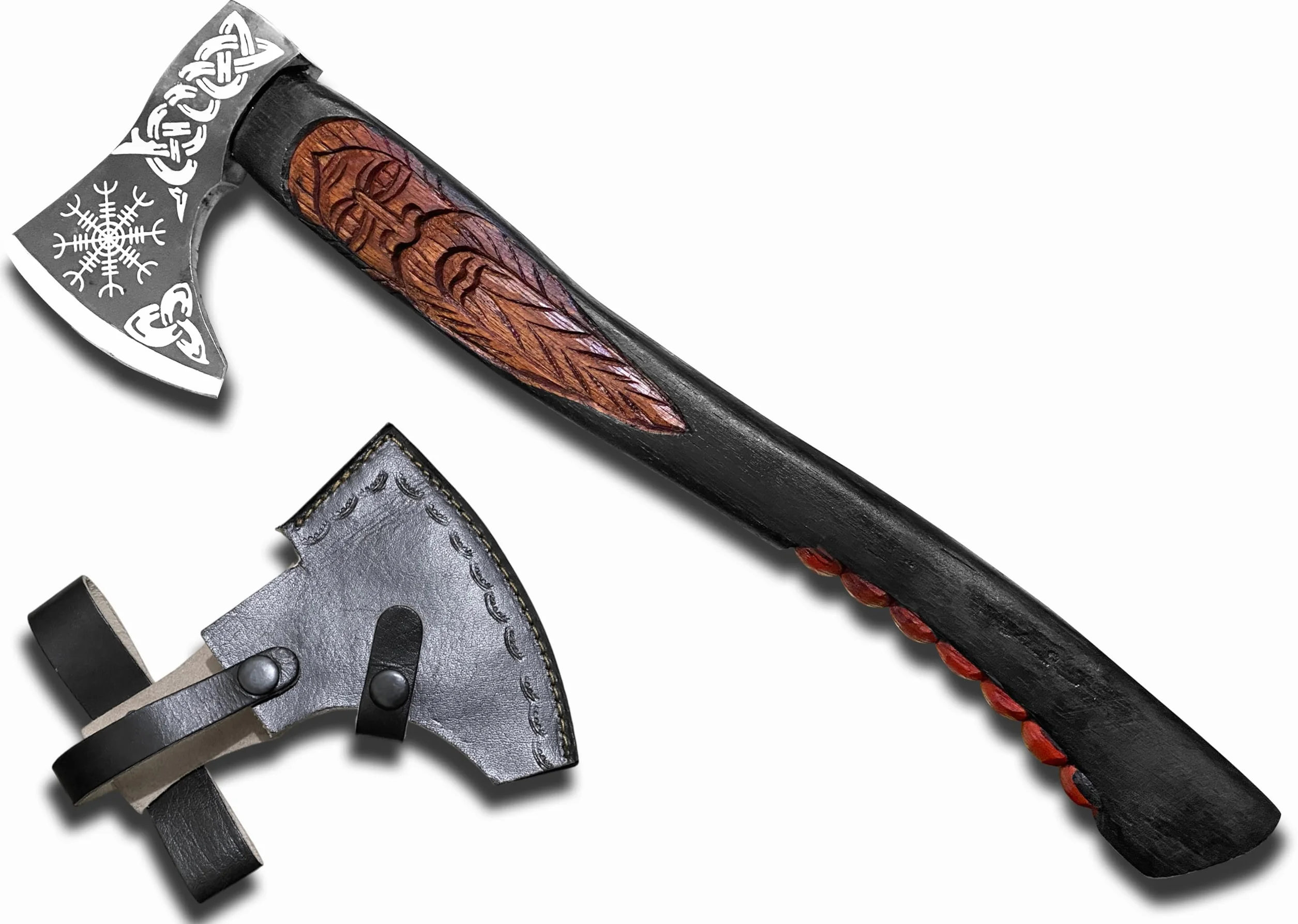 Novahaven Ragnarök Hacha forjada a mano 22 pulgadas acero al carbono mango madera de fresno tallada diseño lobo dragón funda de piel