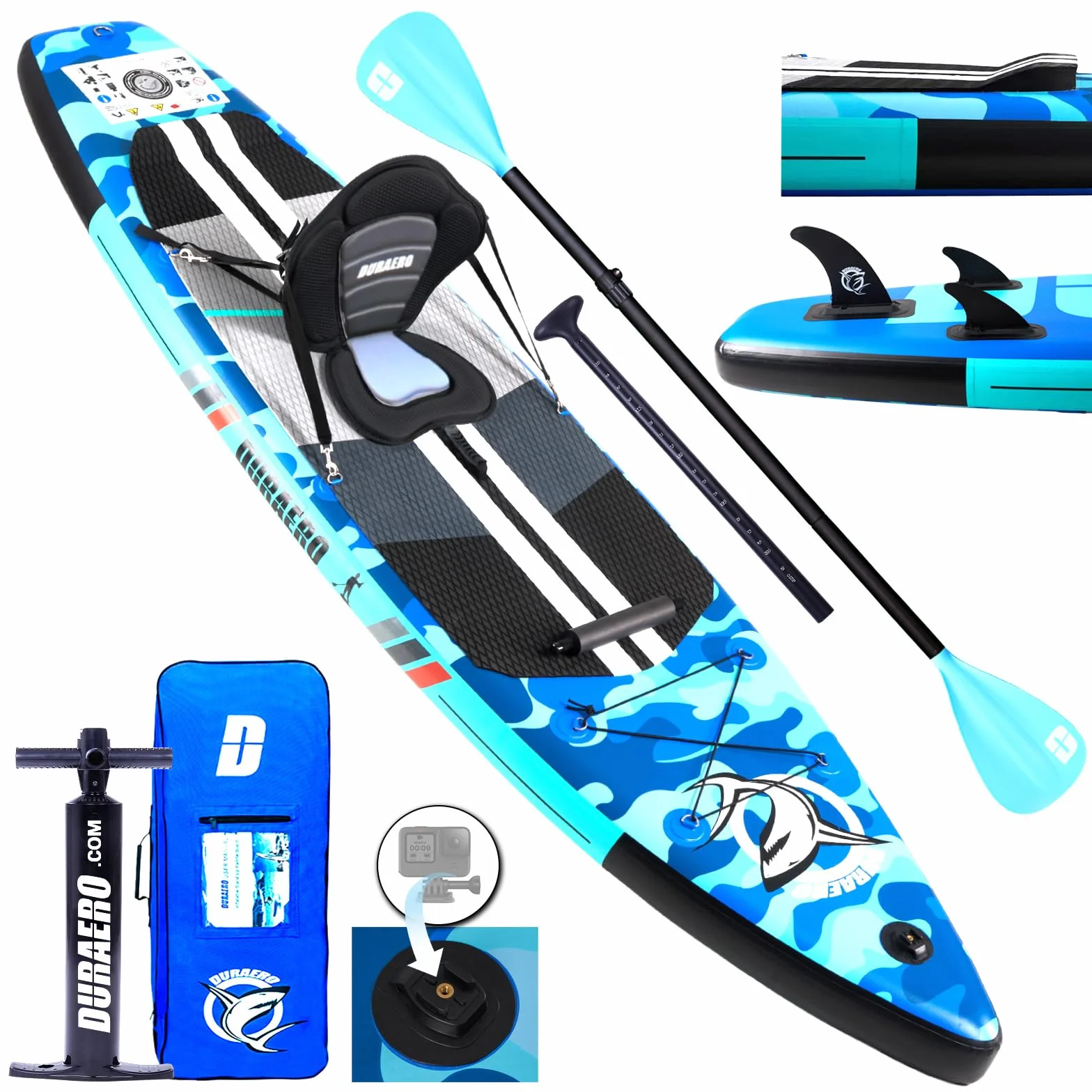 Tabla Hinchable de Paddle Surf con Asiento de Kayak, 330 x 76 x 15 cm, hasta 150 kg, Almohadilla Integrada, Aleta Desmontable, Doble Remo Ajustable, Kit de Reparación, Camuflaje Azul