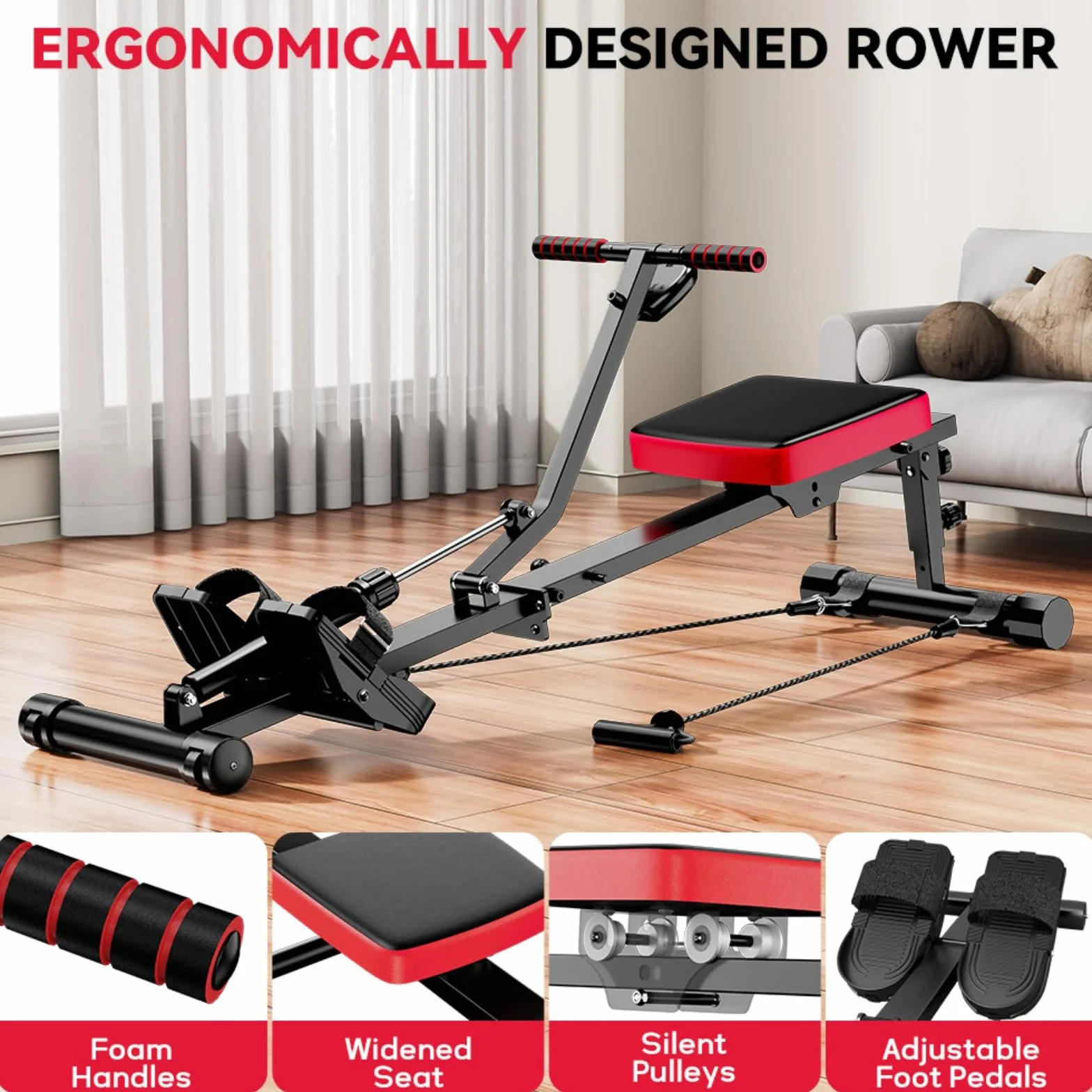 Máquina de remo hidráulica para el hogar, 12 niveles de resistencia, capacidad de carga de 180 kg, entrenamiento de cuerpo completo, máquina de remo