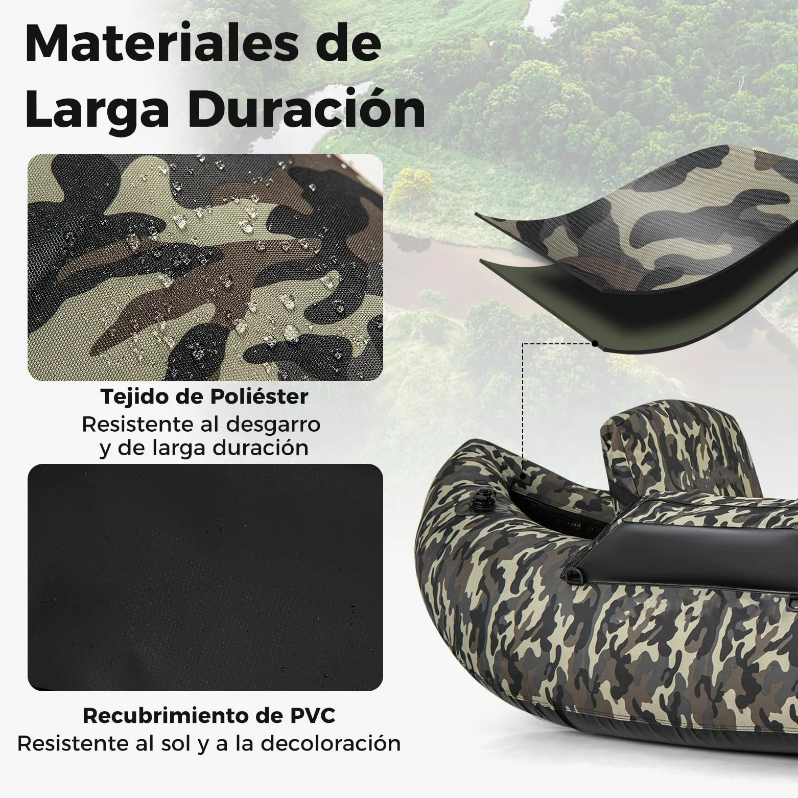COSTWAY Barco de Pesca Inflable, Kayak Hinchable con 2 Aletas, Bomba Manual, Regla para Peces, Soporte para Caña, Bolsillos, Respaldo Ajustable y Correas, Bote Portátil para Adultos, Camuflaje